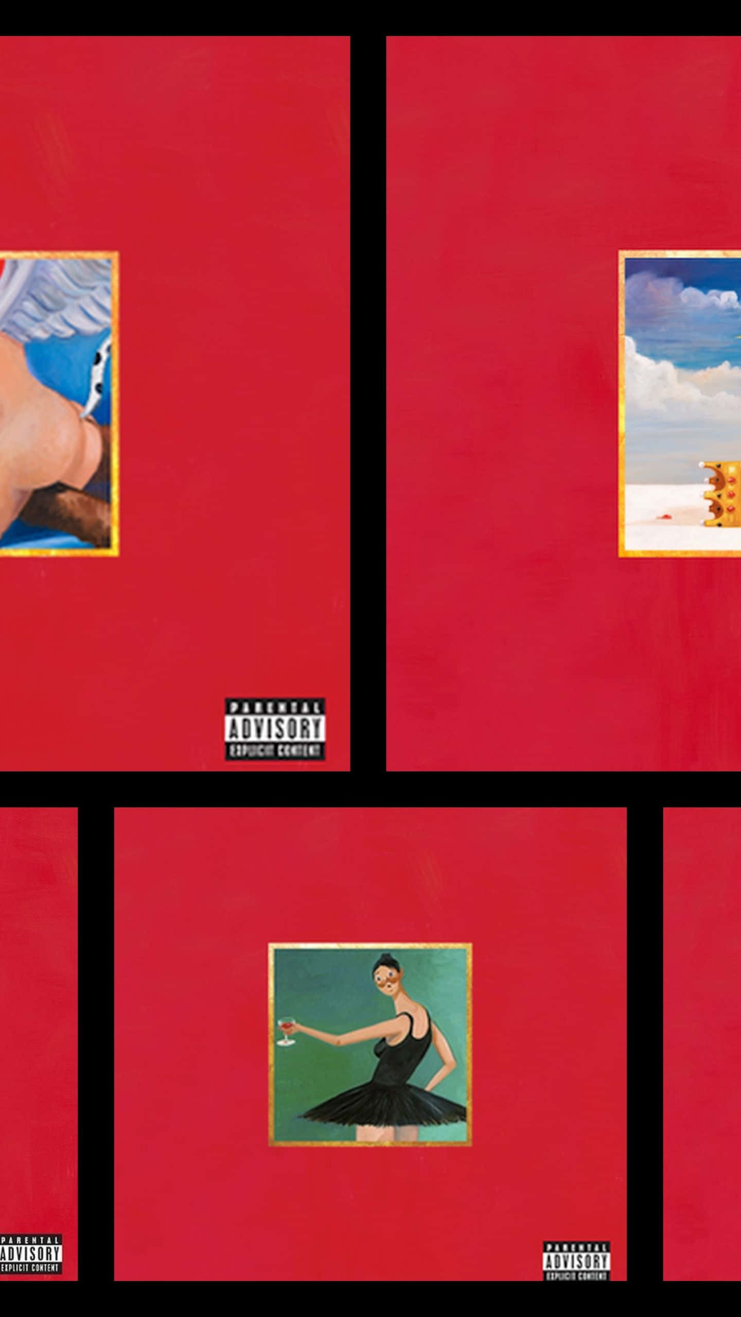 My Beautiful Dark Twisted Fantasy 桌布 壁紙 — 一個大膽的紅色網格顯示四個超現實的裱框場景，包括一位拿著飲料的芭蕾舞者和一個有金色雕像的海灘。