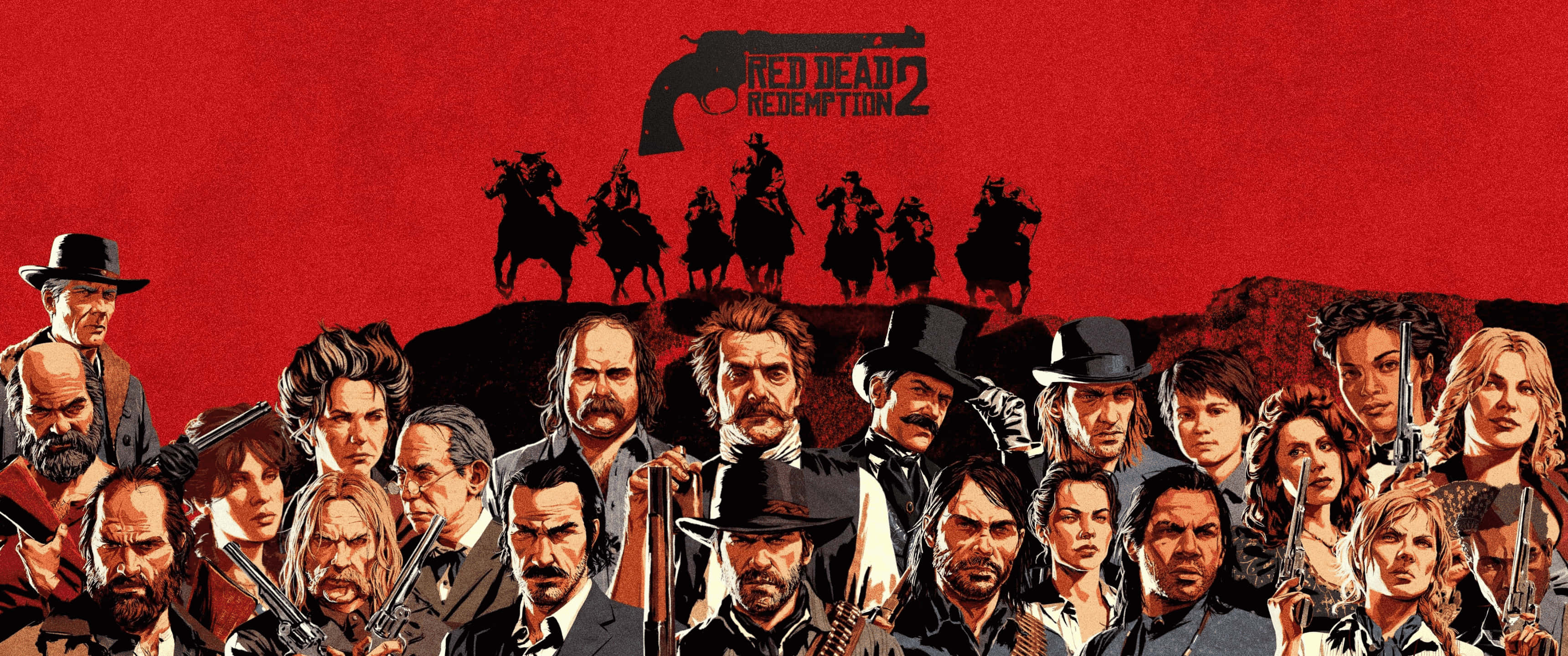 碧血狂殺2 桌布 壁紙 — 一個大膽的紅色背景上，展示了《Red Dead Redemption 2》中各種西部角色的密集人群上方騎馬牛仔的剪影。
