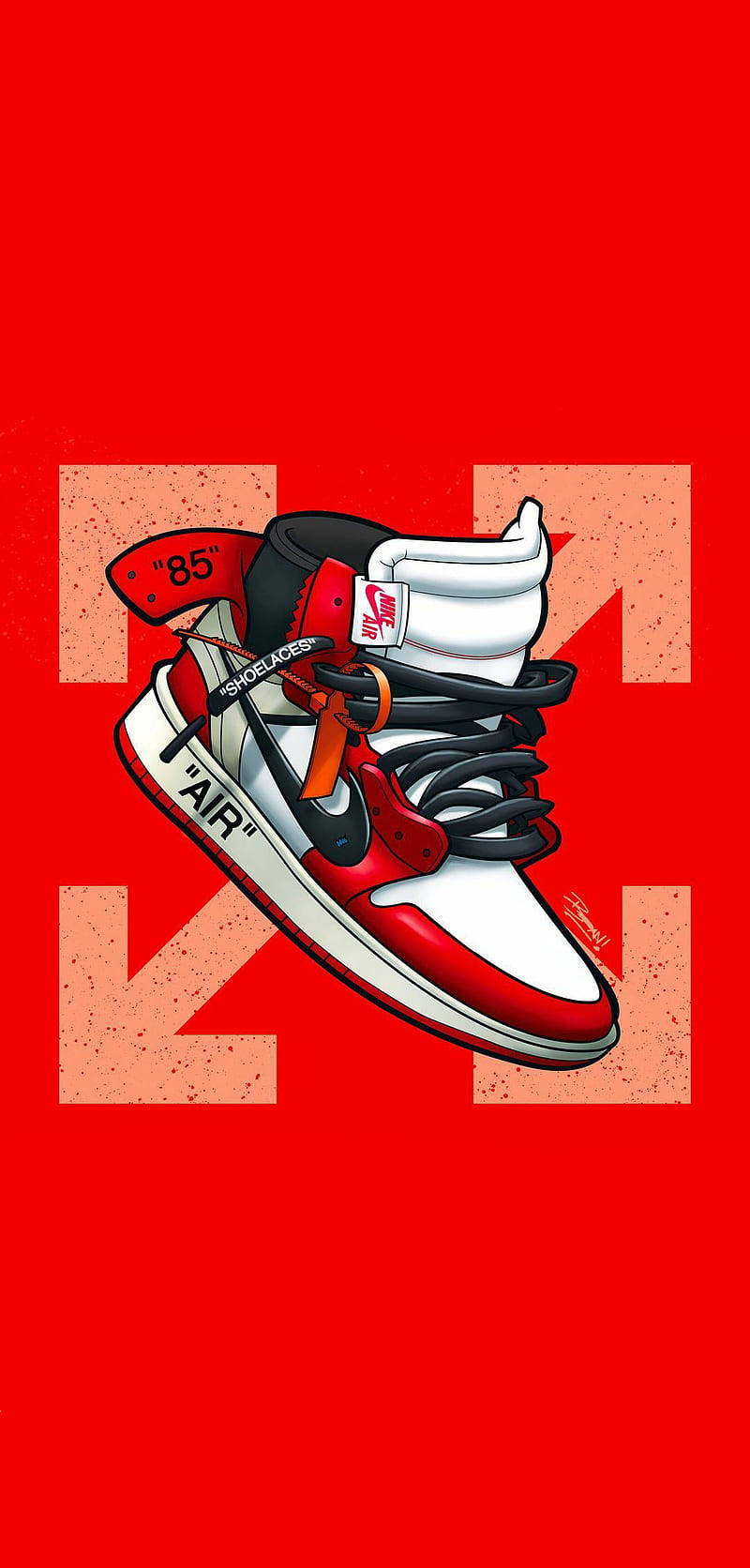 Nike Air Jordan 1 桌布 壁紙 — 一個大膽的紅色背景上有一個風格化的紅、白、黑色運動鞋，帶有「AIR」品牌標誌和箭頭圖案。