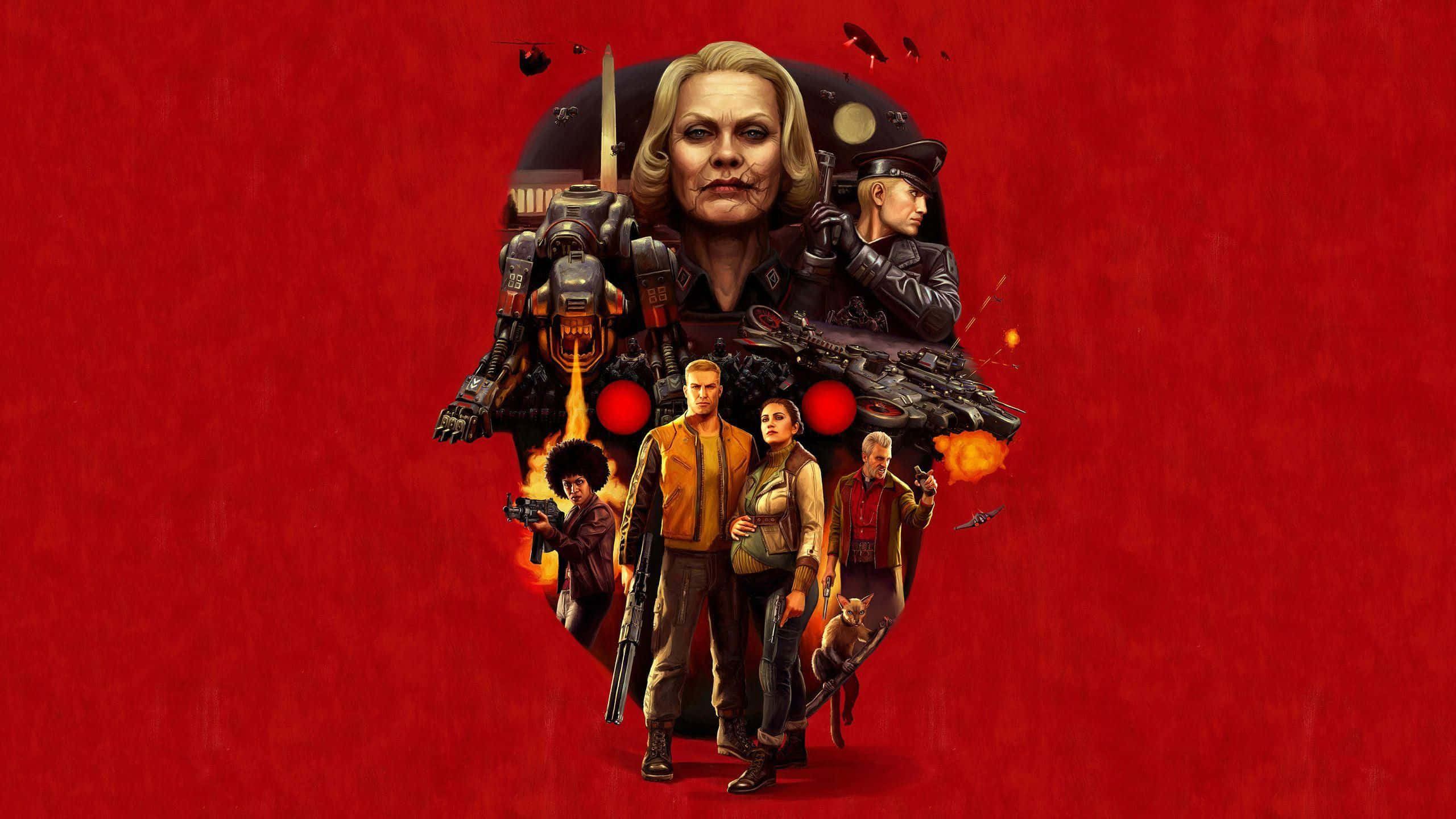 Wolfenstein Ii 桌布 壁紙 — 一個大膽的紅色背景框住了一群武裝角色，處於 gritty 科幻動作場景中，伴有爆炸和機械元素。