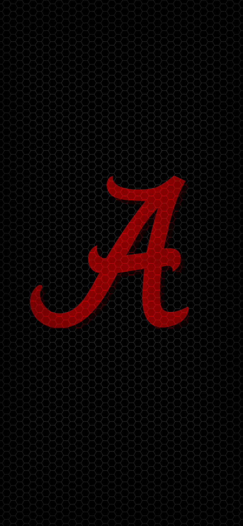 Alabama Football iPhone 桌布 壁紙 — 一個大膽的紅色草書A標誌，居中在黑色六角形網格背景上。
