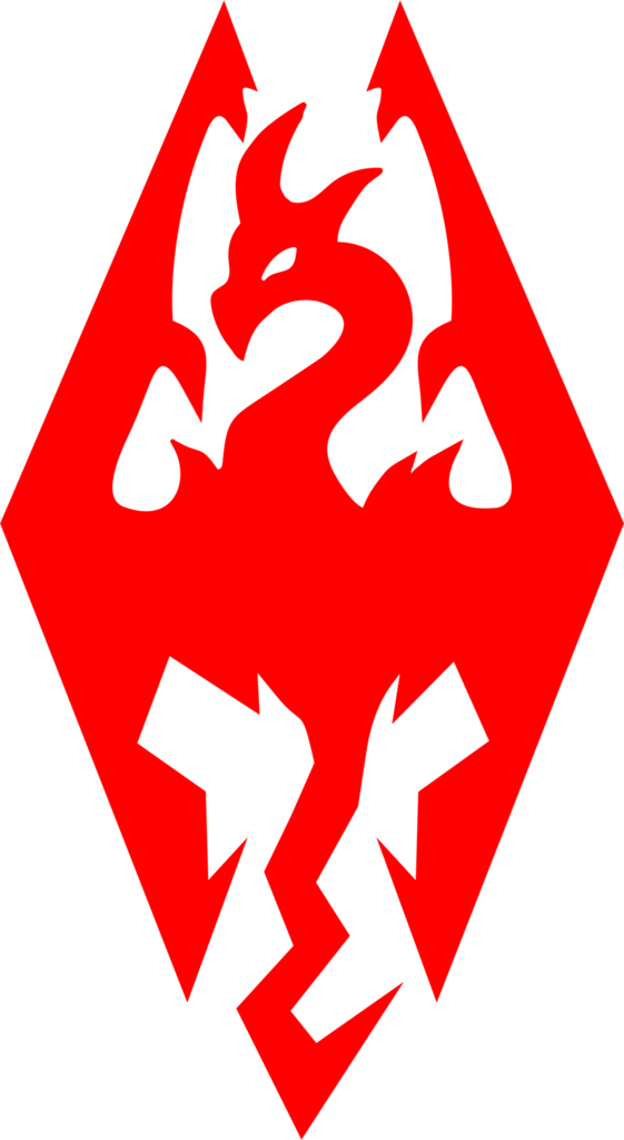 Skyrim Logo 桌布 壁紙 — 一個大膽的紅色菱形標誌，在黑色背景上呈現出風格化的黑色龍剪影，帶有銳利的角狀翅膀和爪子。