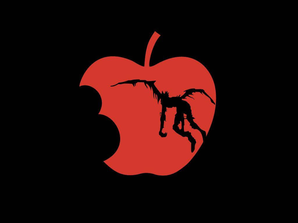 Ryuk 桌布 壁紙 — 一個大膽的紅色蘋果剪影，裡面有一隻黑色蝙蝠狀生物在跳躍，背景是純黑色。