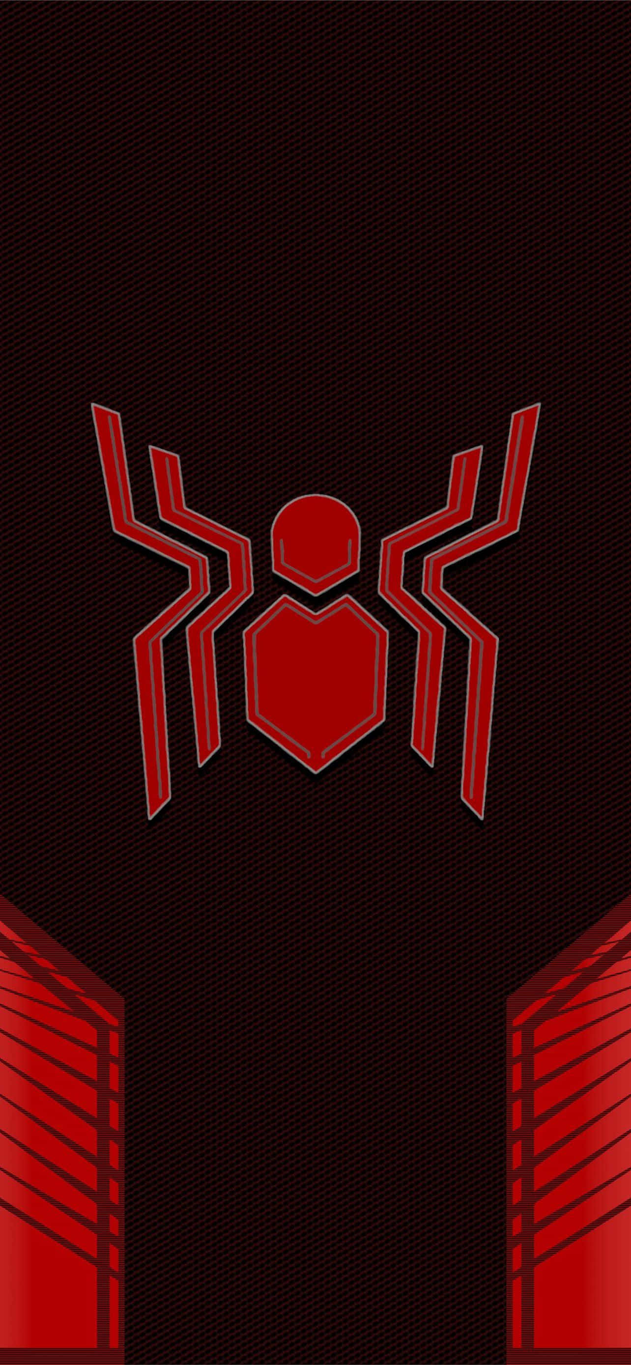 Spider Man Logo 桌布 壁紙 — 一個大膽的紅色蜘蛛標誌，居中於深色紋理背景上，底部角落有紅色幾何裝飾。