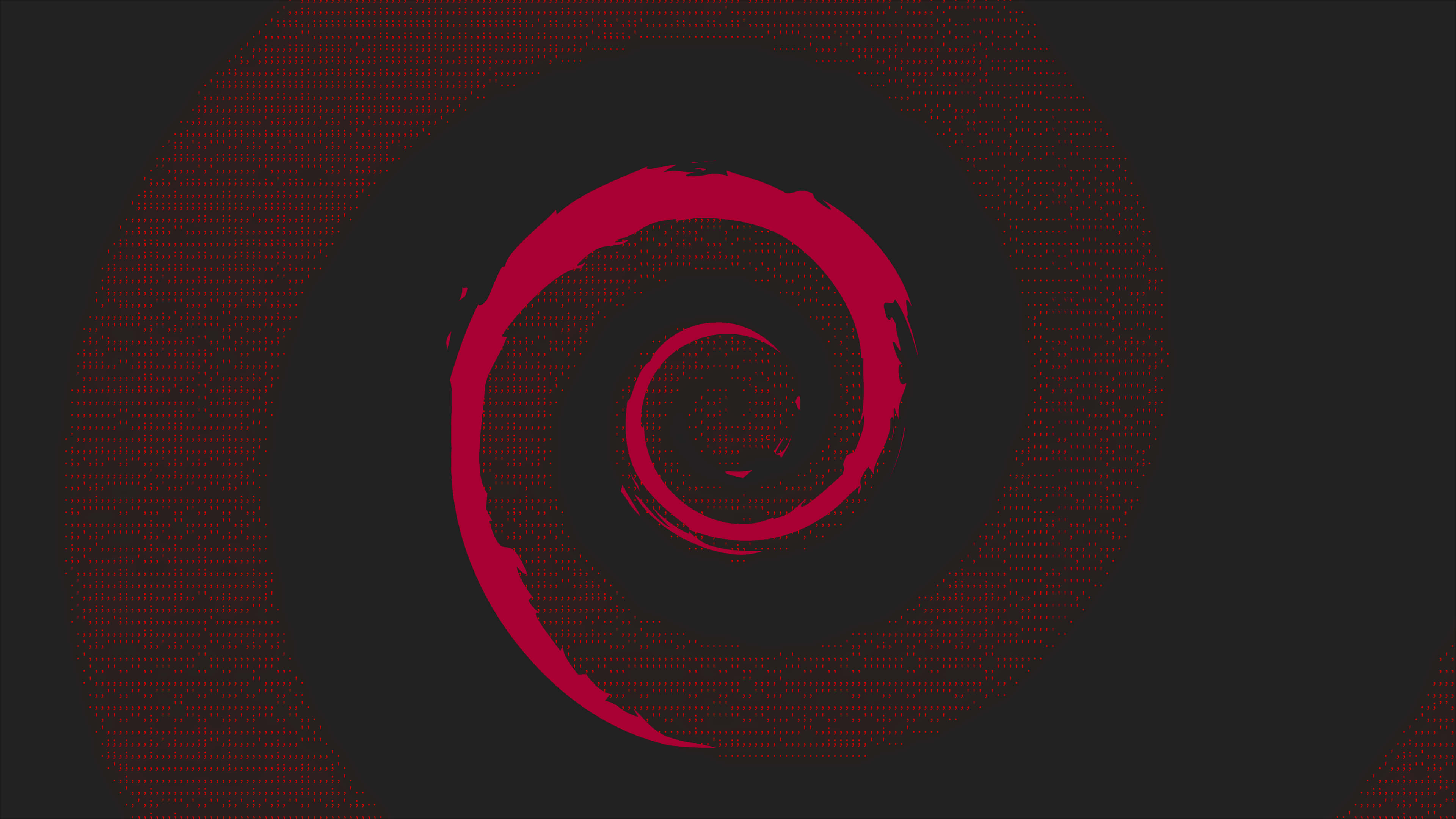 Ubuntu 4K 桌布 壁紙 — 一個大膽的紅色螺旋標誌在帶有微弱紅色二進制代碼紋理的深色背景上旋轉。