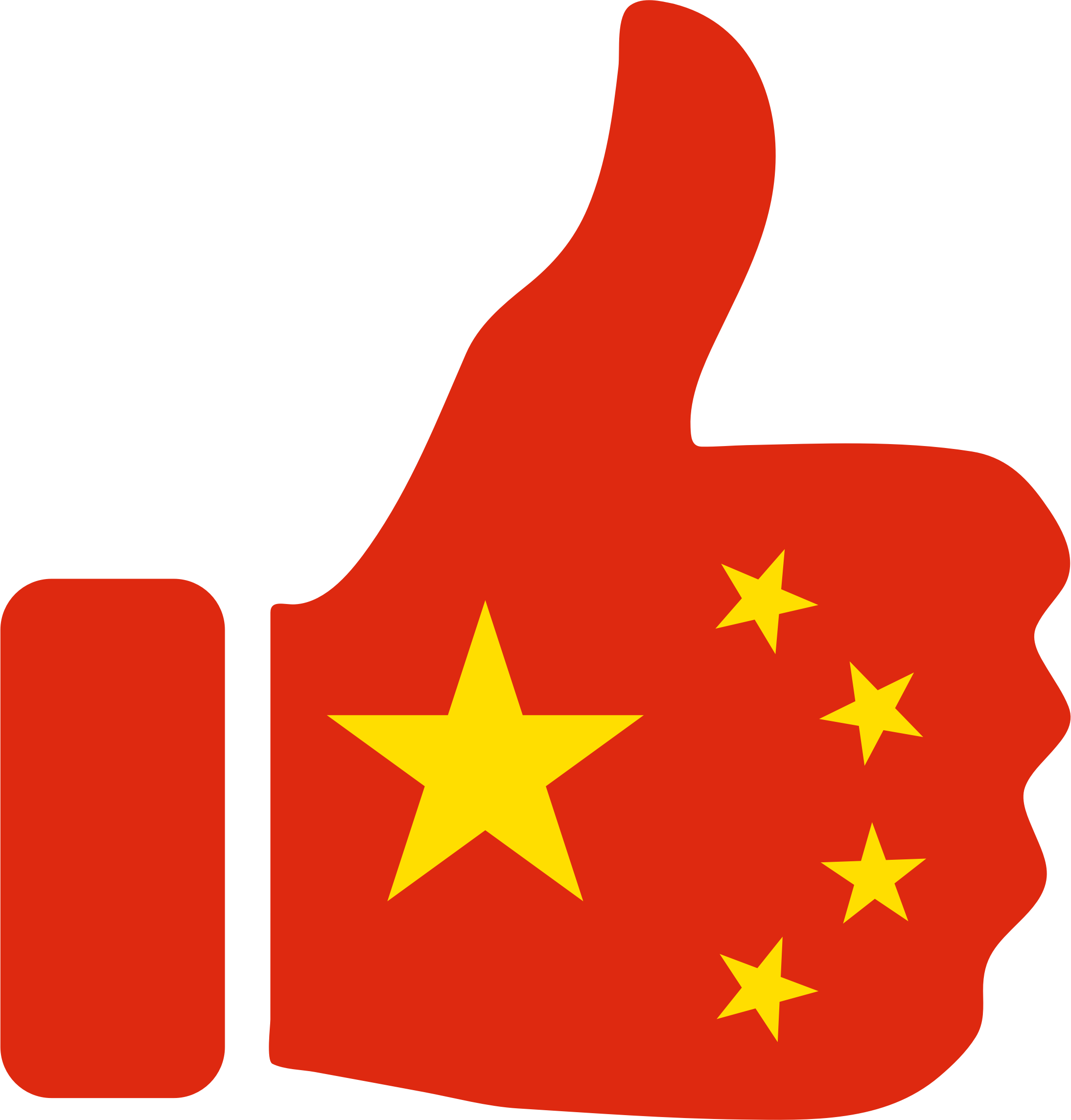 中國 桌布 壁紙 — 一個大膽的紅色豎起大拇指圖標，填充了中國國旗圖案，有一顆大星星和四顆小黃星。