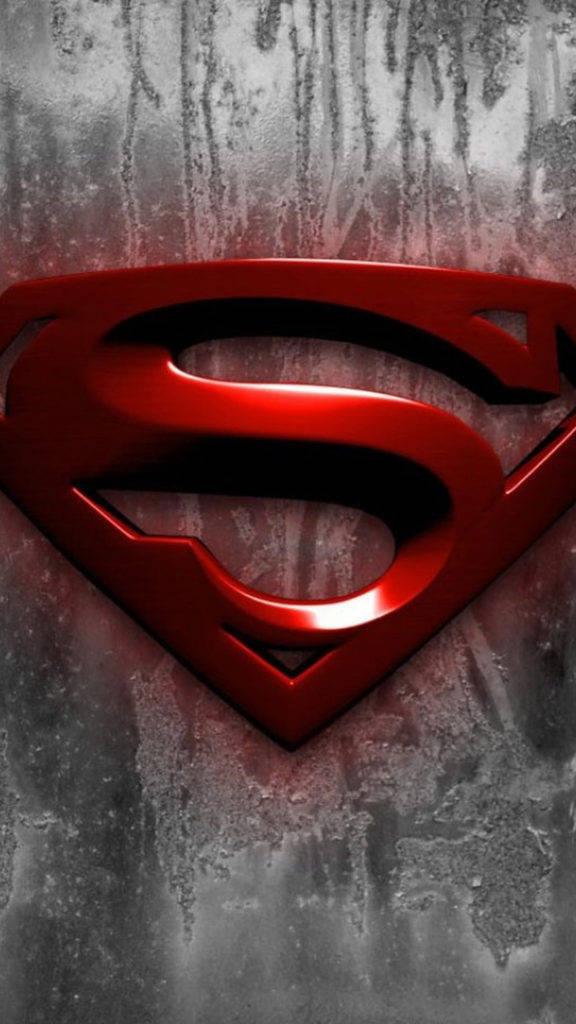 superman iPhone 桌布 壁紙 — 一個大膽的紅色超人標誌在帶有紅色條紋的粗糙紋理灰色牆壁上閃耀。