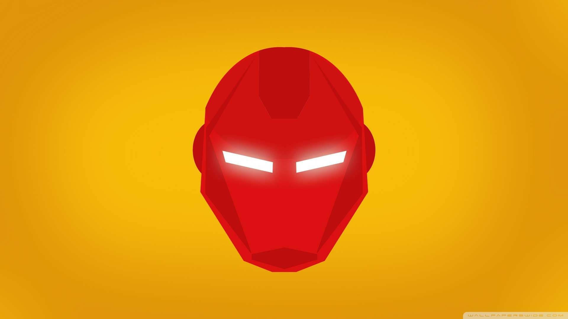 Iron Man Logo 桌布 壁紙 — 一個大膽的紅色鋼鐵人頭盔，帶有發光的白色眼睛，置於溫暖的黃色漸變背景中央。