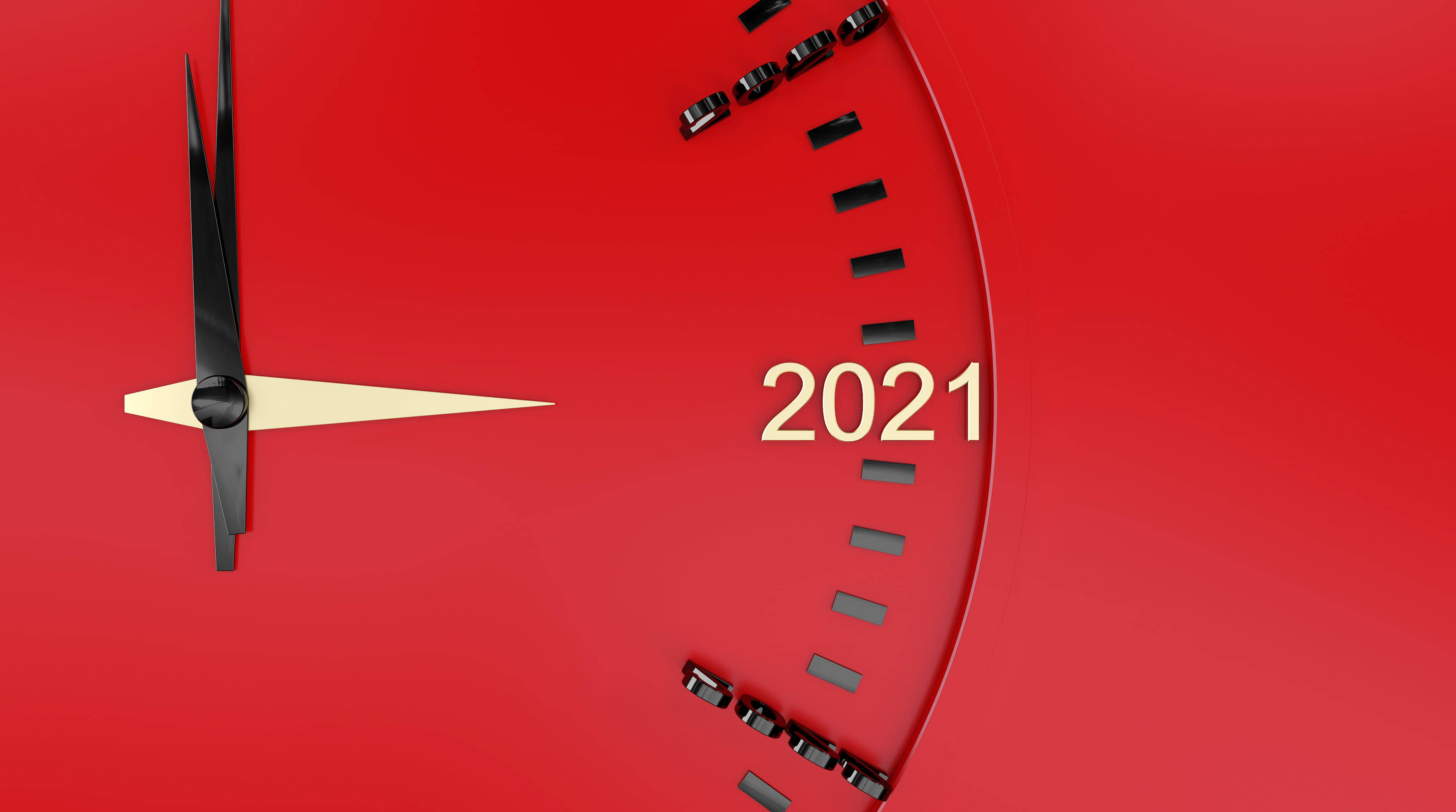 Clock 桌布 壁紙 — 一個大膽的紅色鐘面，帶有黑色指針和金色 '2021' 文字，背景為鮮豔的紅色。