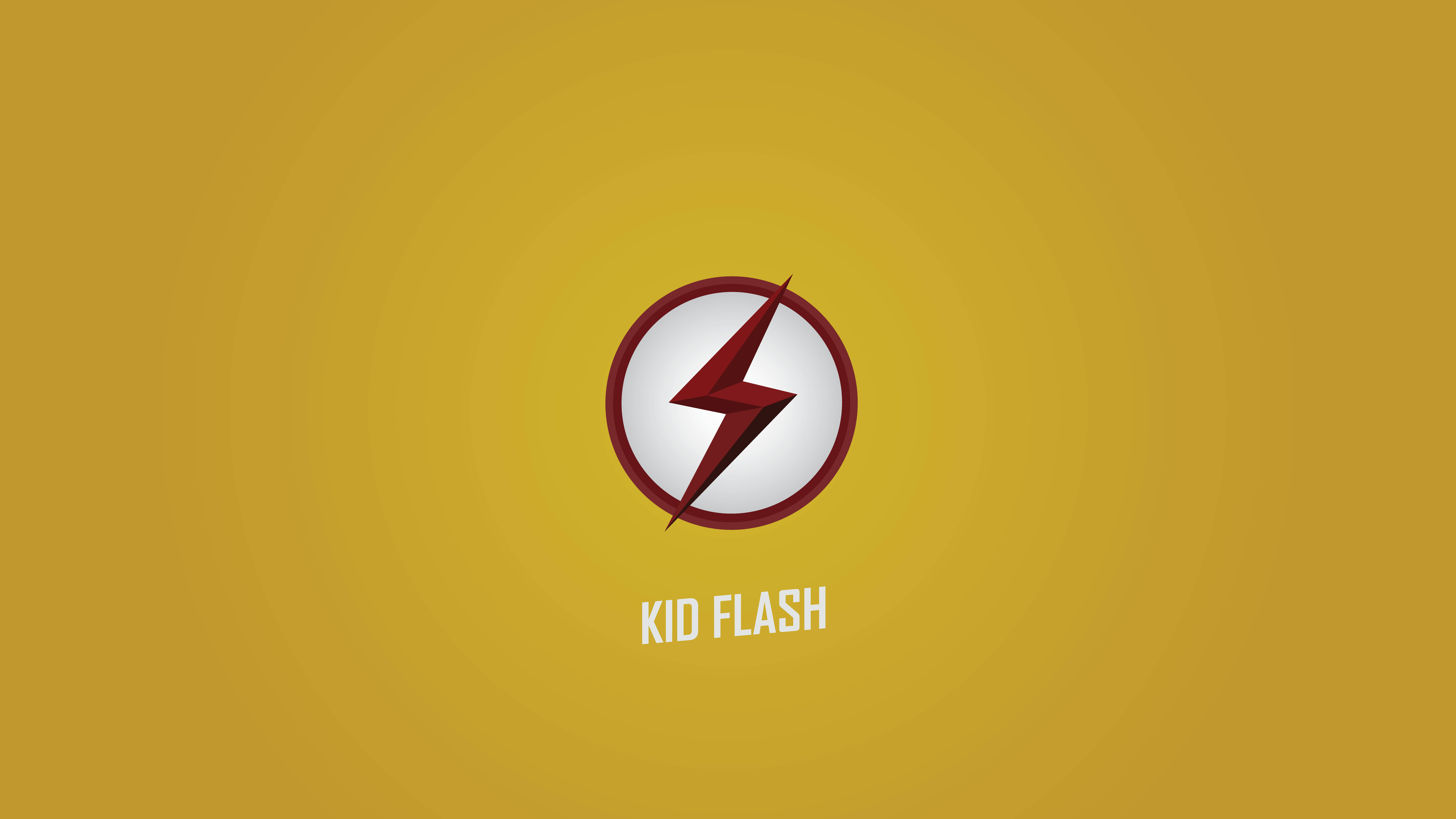 Flash 桌布 壁紙 — 一個大膽的紅色閃電標誌位於白色圓圈內，帶有紅色邊框，居中在純黃色背景上，下方有「KID FLASH」文字。