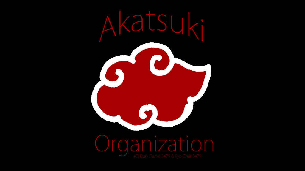 曉之雲動圖 桌布 壁紙 — 一個大膽的紅色雲朵標誌，帶有白色輪廓和「Akatsuki Organization」文字，背景為黑色。