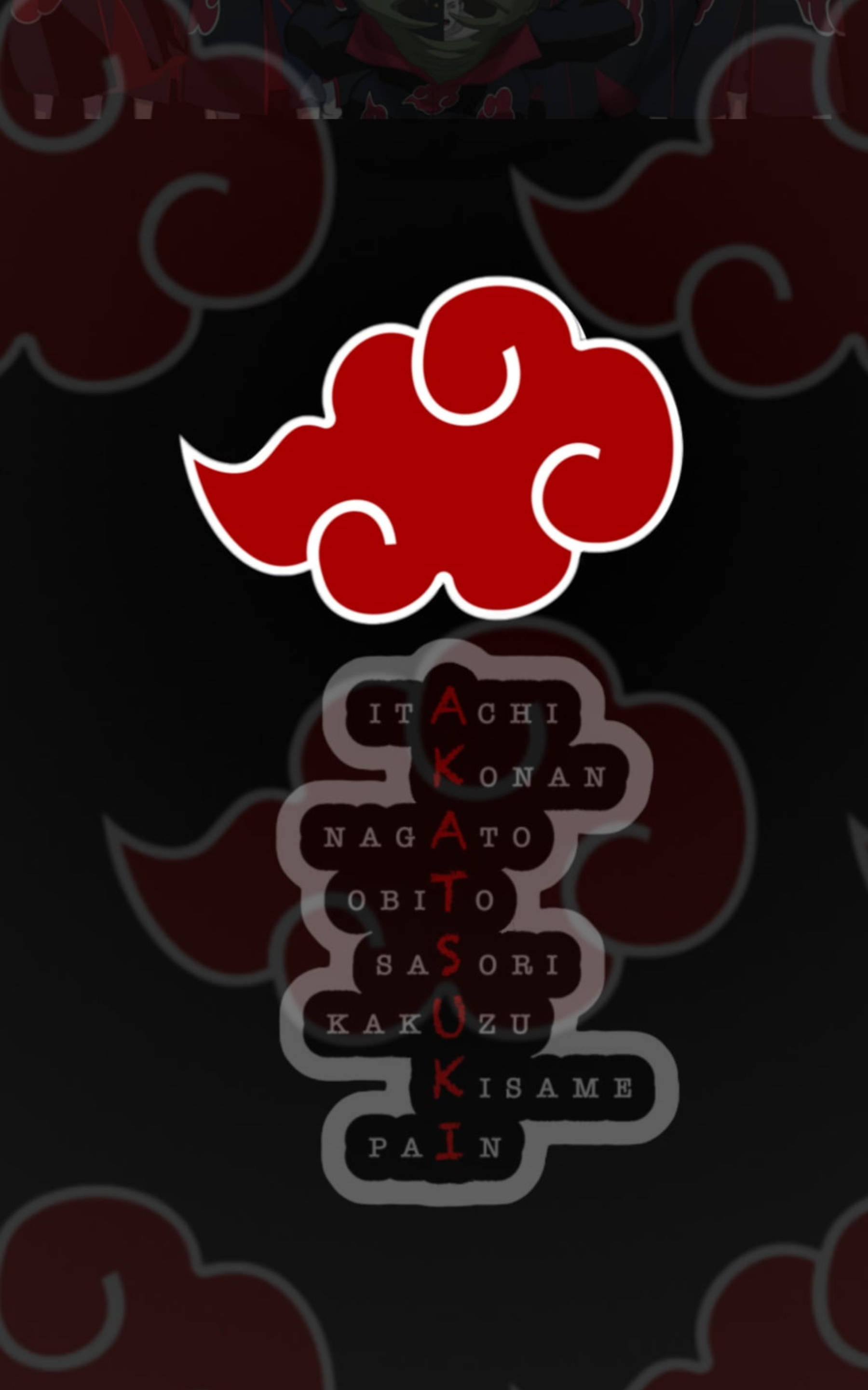 akatsuki phone 桌布 壁紙 — 一個大膽的紅色雲朵符號，帶有白色輪廓，居中於深色背景上，背景上有褪色的曉組織成員名字。
