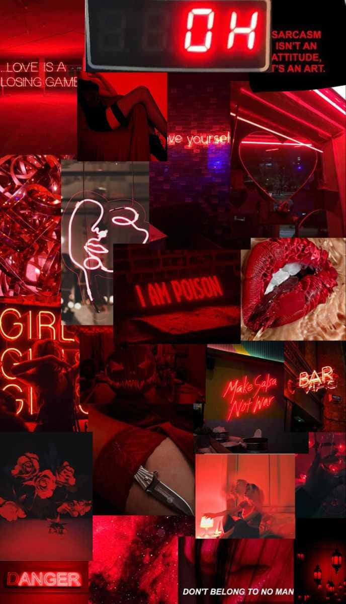 Red Cute Aesthetic 桌布 壁紙 — 一個大膽的紅色霓虹拼貼，包含嘴唇、刺青、文字和酒吧場景，並有「I am poison」和「danger」等短語。