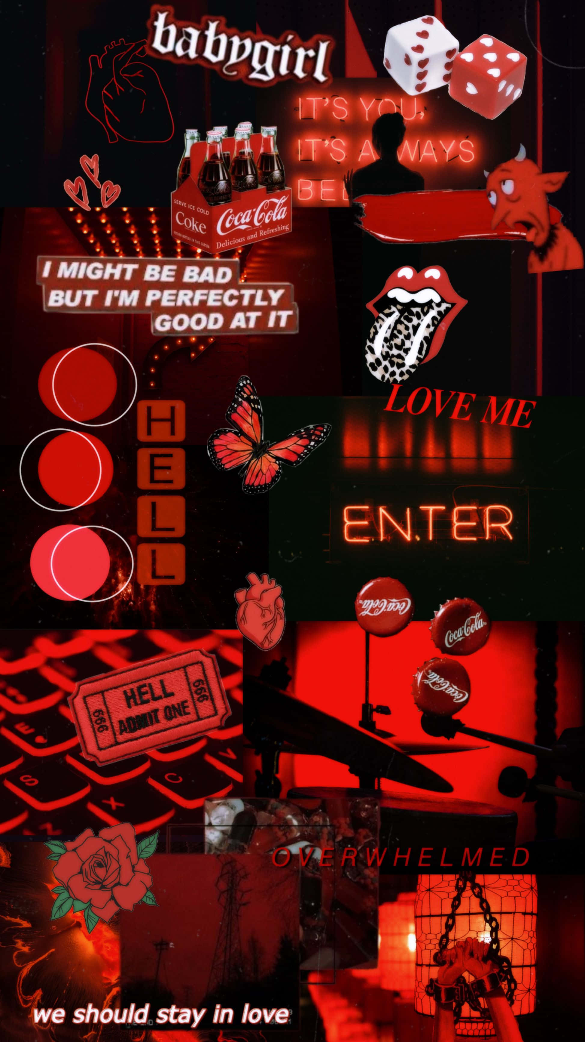 Red Cute Aesthetic 桌布 壁紙 — 一個大膽的紅色霓虹拼貼，包含滾石樂團的嘴唇、骰子、可口可樂瓶，以及「babygirl」和「hell admit one」等短語，背景為深色。