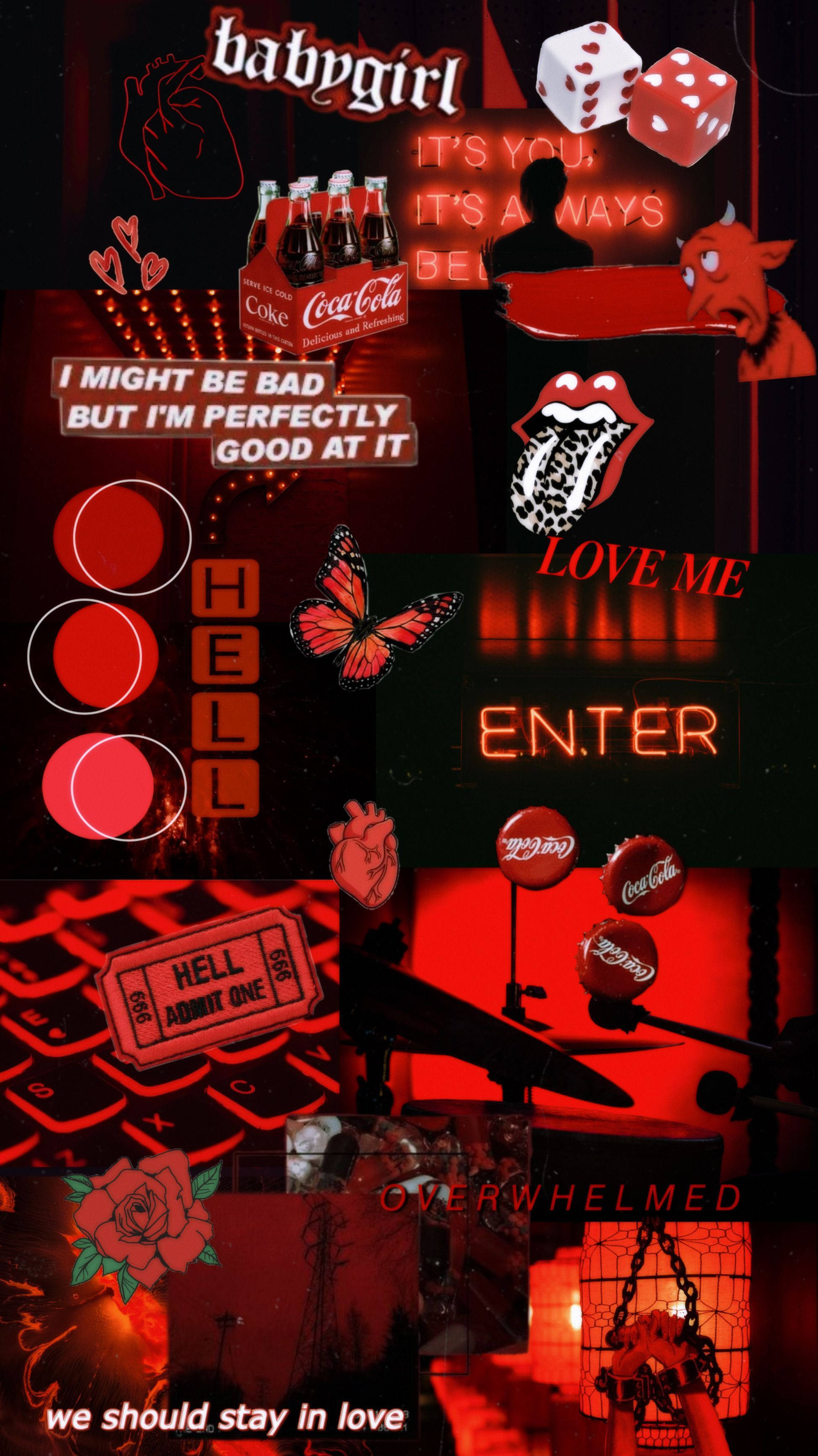 Grunge Emo Aesthetic 桌布 壁紙 — 一個大膽的紅色霓虹拼貼畫，包含滾石樂隊的嘴唇、可口可樂瓶、骰子以及「babygirl」和「hell admit one」等文字短語，背景為深色。