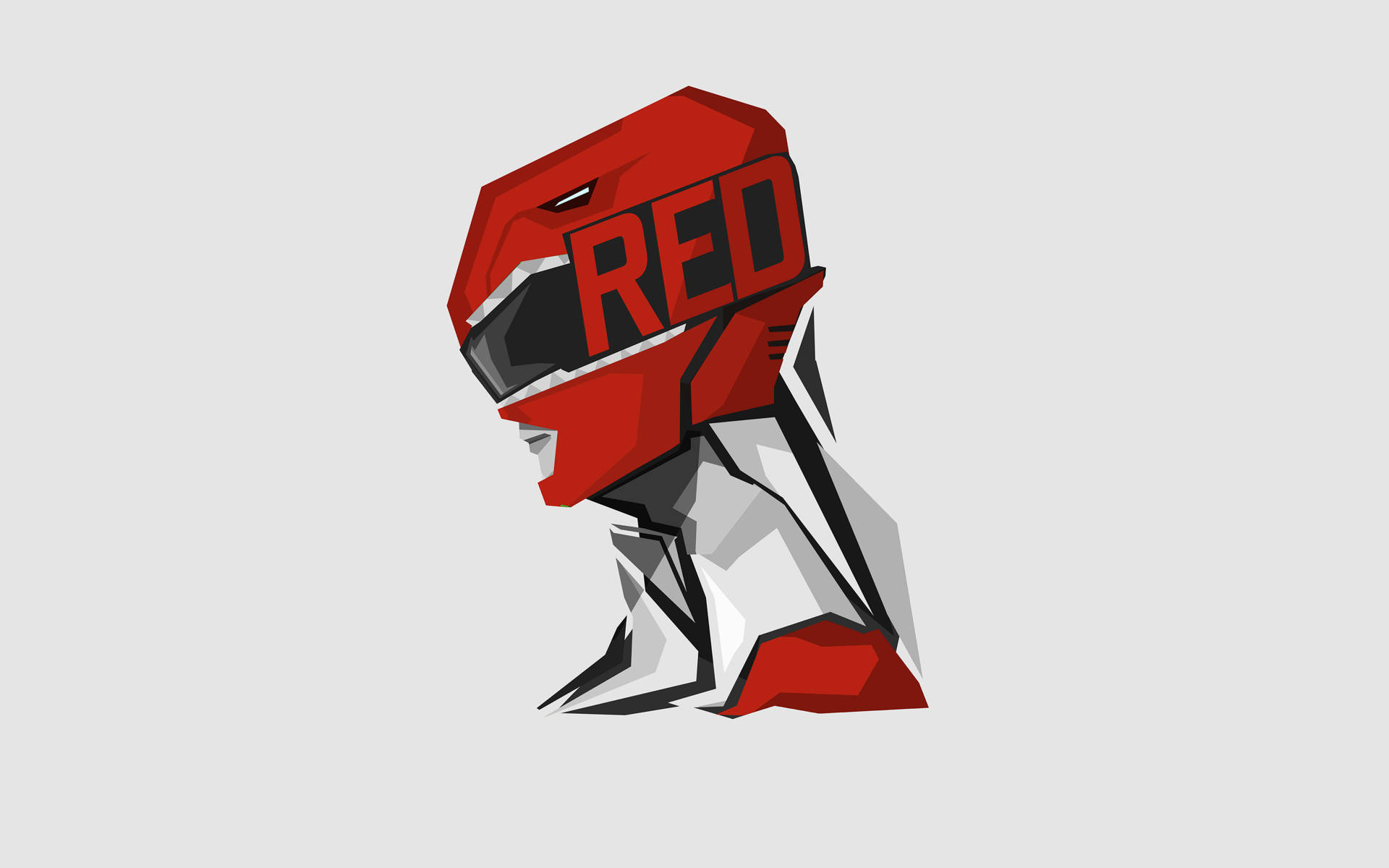 Power 桌布 壁紙 — 一個大膽的紅色頭盔，上面有幾何線條鮮明的「RED」字樣，背景是純灰色。