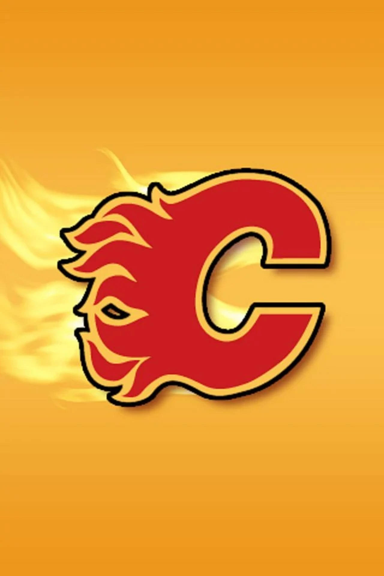 Flames 桌布 壁紙 — 一個大膽的紅色風格化C，帶有火焰設計和黃橙色漸變背景。