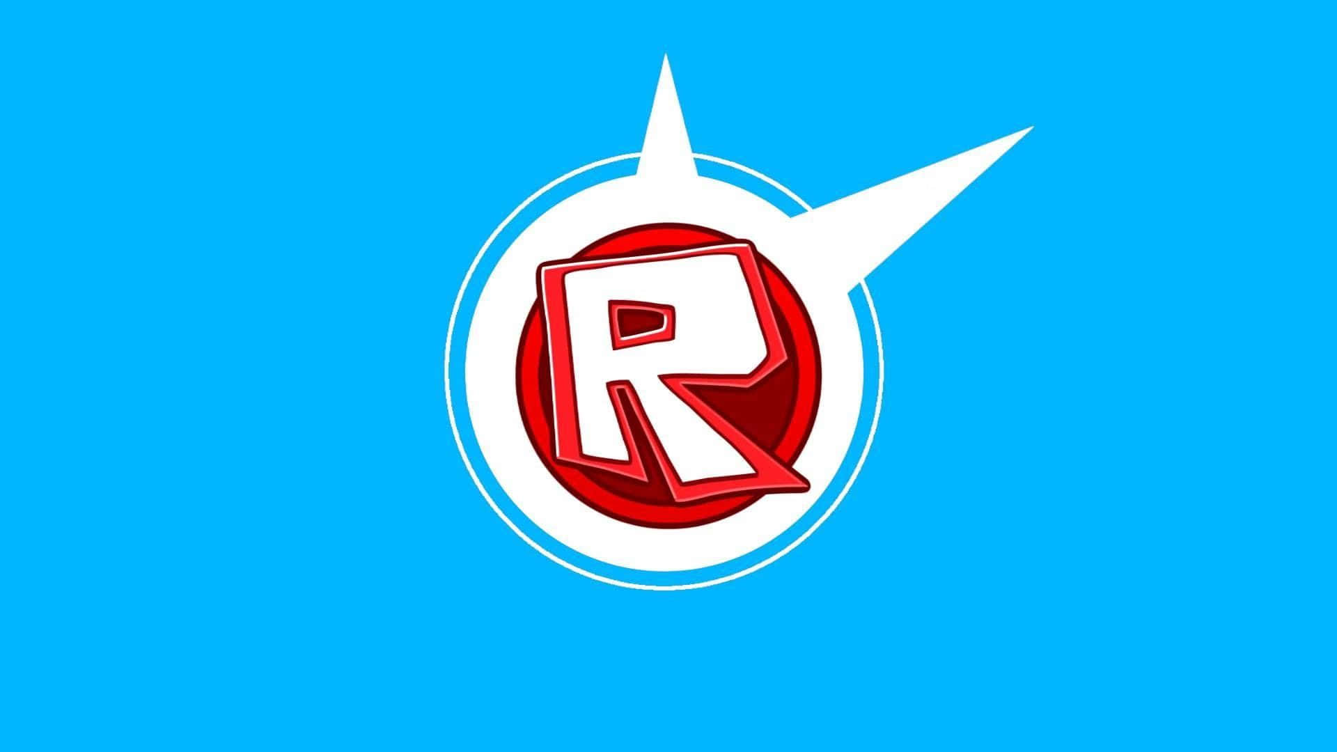 Roblox 桌布 壁紙 — 一個大膽的紅色風格化R標誌，位於白色圓圈內，帶有流星箭頭，背景為亮藍色。
