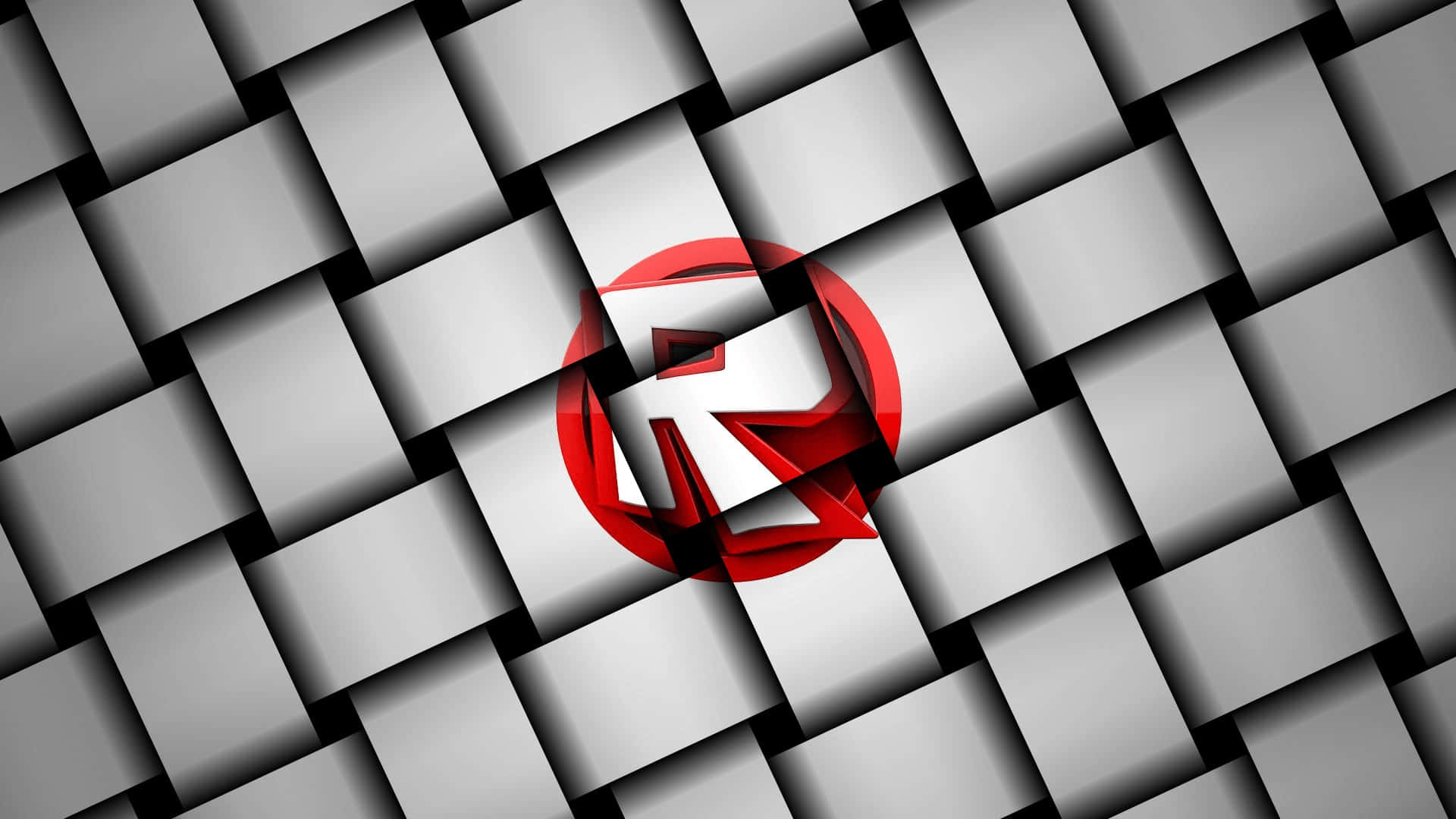 Roblox 桌布 壁紙 — 一個大膽的紅色風格化R標誌從灰色和黑色的3D立方體幾何編織中浮現，創造出現代數位圖案。