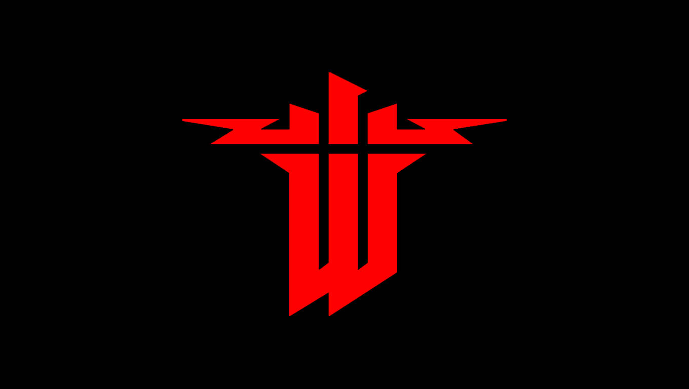 Wolfenstein 桌布 壁紙 — 一個大膽的紅色風格化徽章，帶有棱角分明的閃電，置於純黑色背景上。