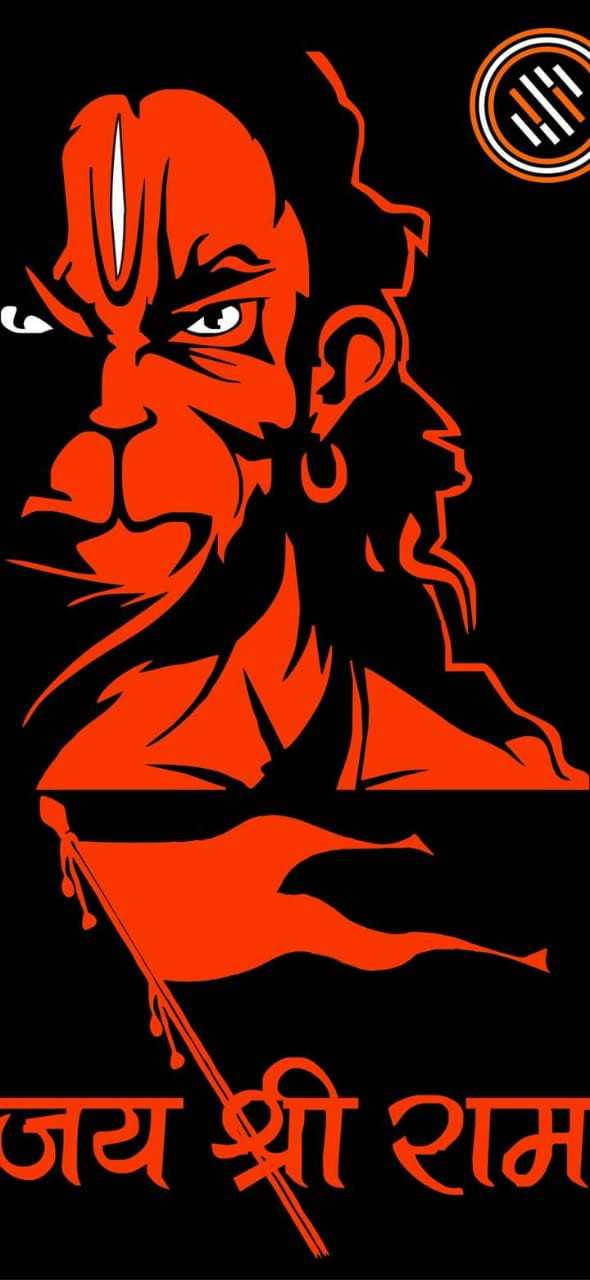 angry hanuman 桌布 壁紙 — 一個大膽的紅色風格化插圖，描繪哈努曼神，背景為黑色，底部有印地語文字。