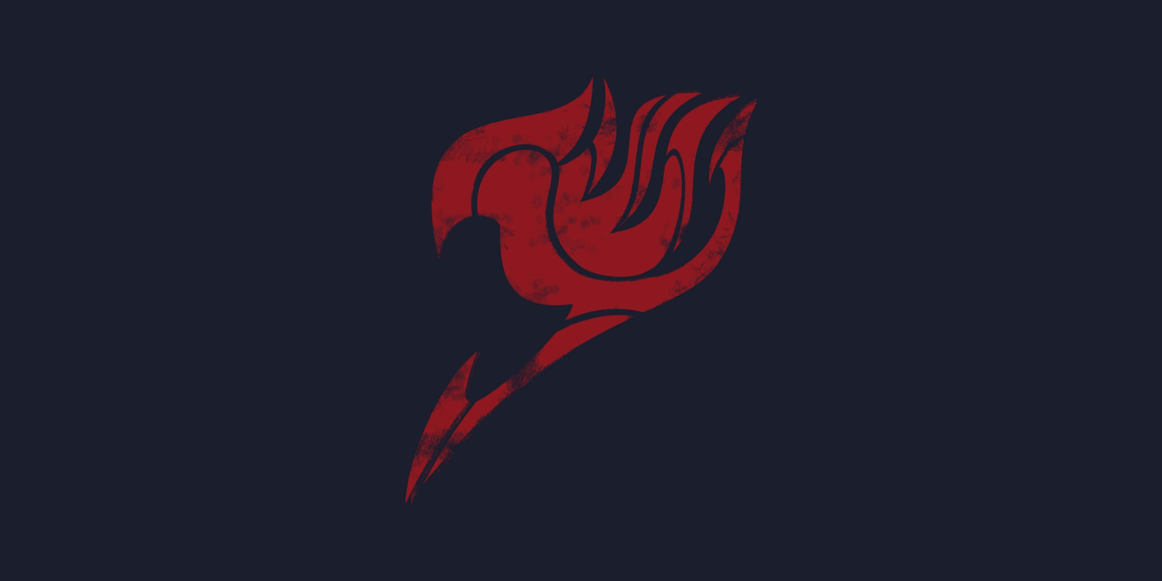 Fairy Tail Logo 桌布 壁紙 — 一個大膽的紅色風格化火焰標誌，帶有磨損紋理，居中在深海軍藍背景上。