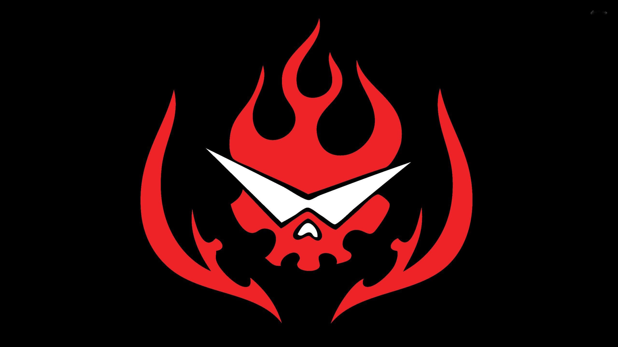 Gurren Lagann 桌布 壁紙 — 一個大膽的紅色風格化火焰標誌，帶有銳利的白色眼睛和小嘴巴，背景為黑色。