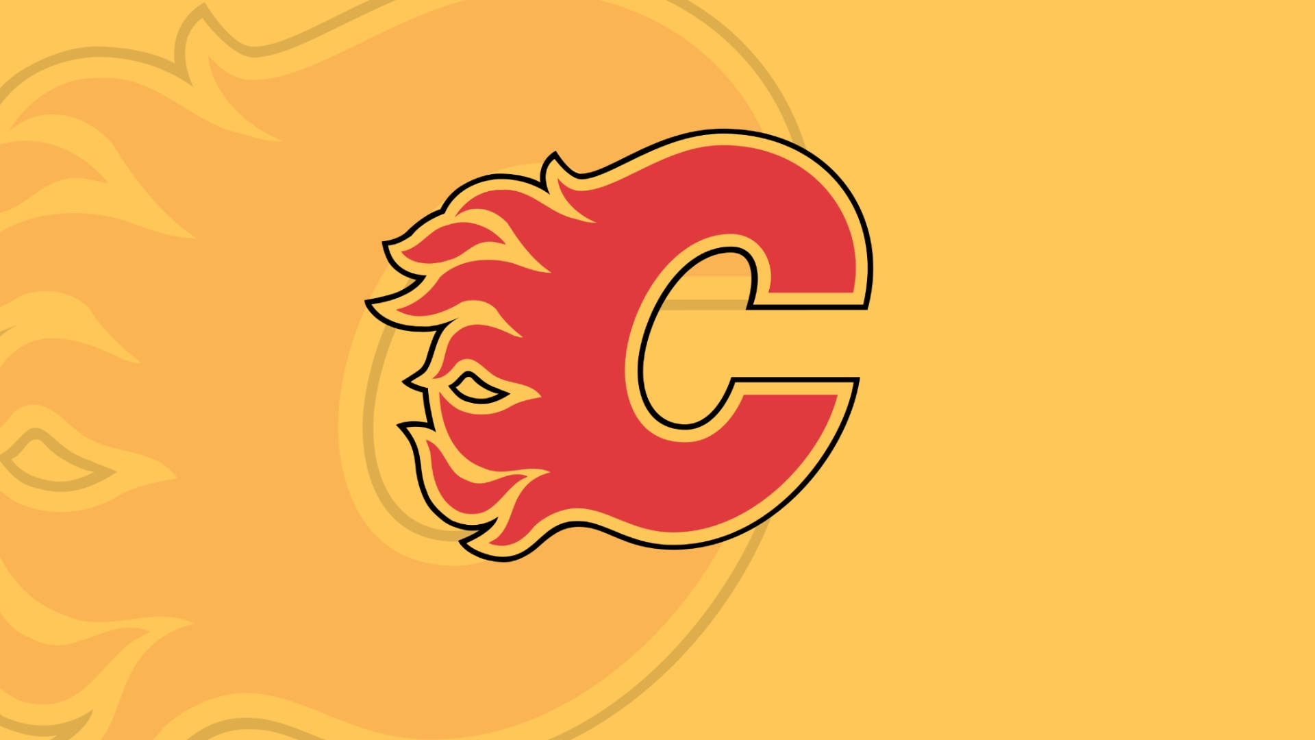 Flames 桌布 壁紙 — 一個大膽的紅色風格化火焰標誌，形狀像 'C'，帶有黃色點綴，置於溫暖的漸變橙色背景上。