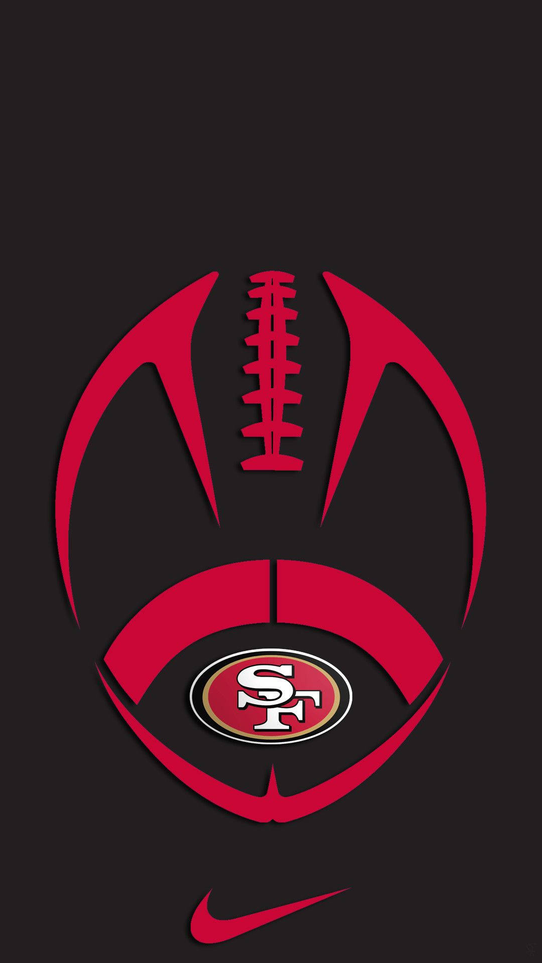 49ers 桌布 壁紙 — 一個大膽的紅色風格化足球標誌，帶有舊金山49人隊徽章和Nike勾號，背景為黑色。