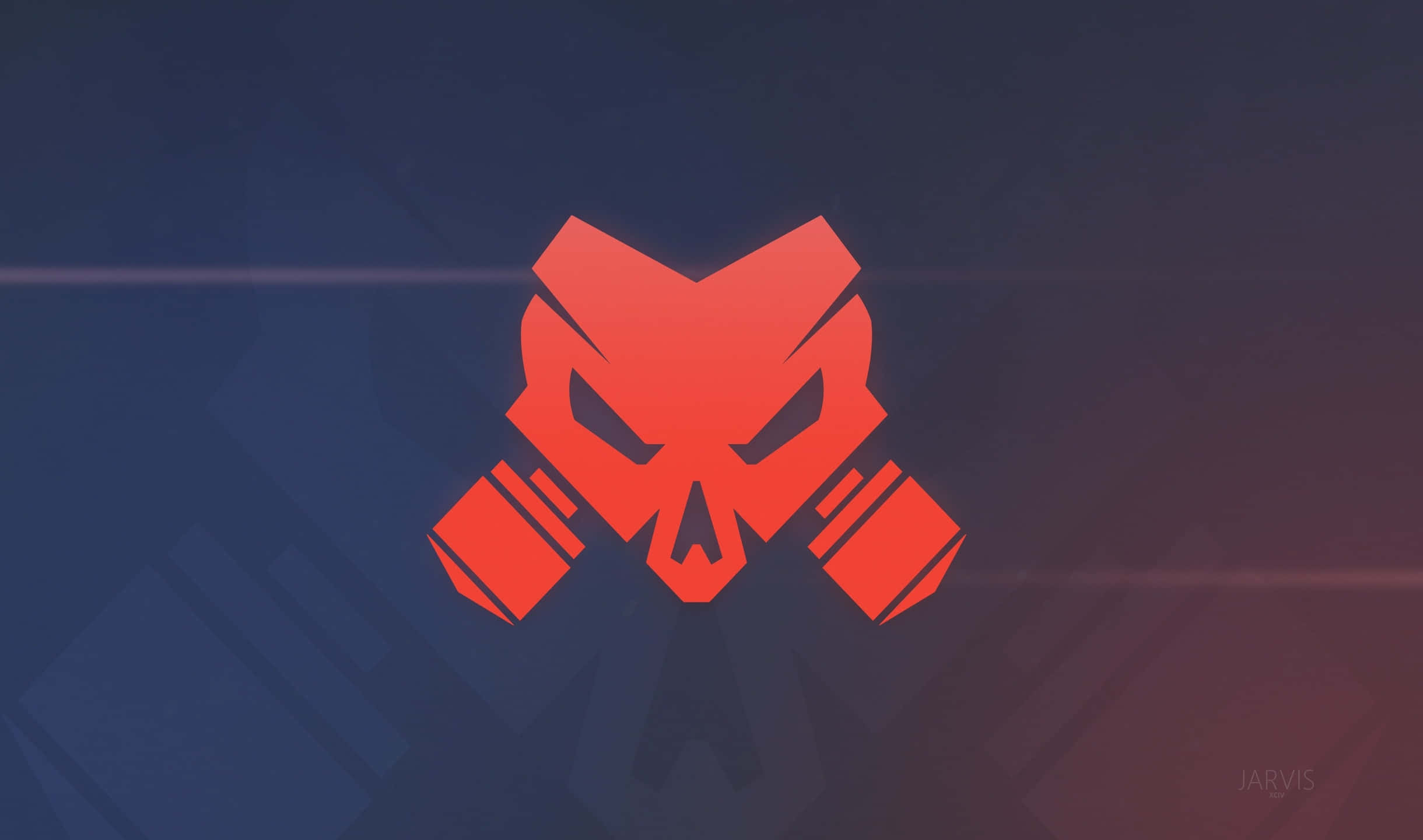 Rainbow Six Siege Logo 桌布 壁紙 — 一個大膽的紅色風格化頭骨，帶有交叉的錘子，置於帶有微妙幾何圖案的藍色和紫色漸變背景上。