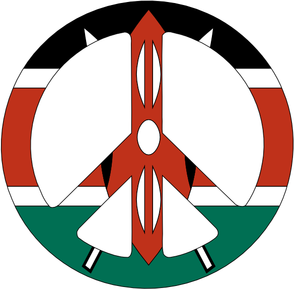 Kenya 桌布 壁紙 — 一個大膽的紅色馬賽盾牌標誌，帶有白色和黑色細節，置於圓形肯尼亞國旗背景上。