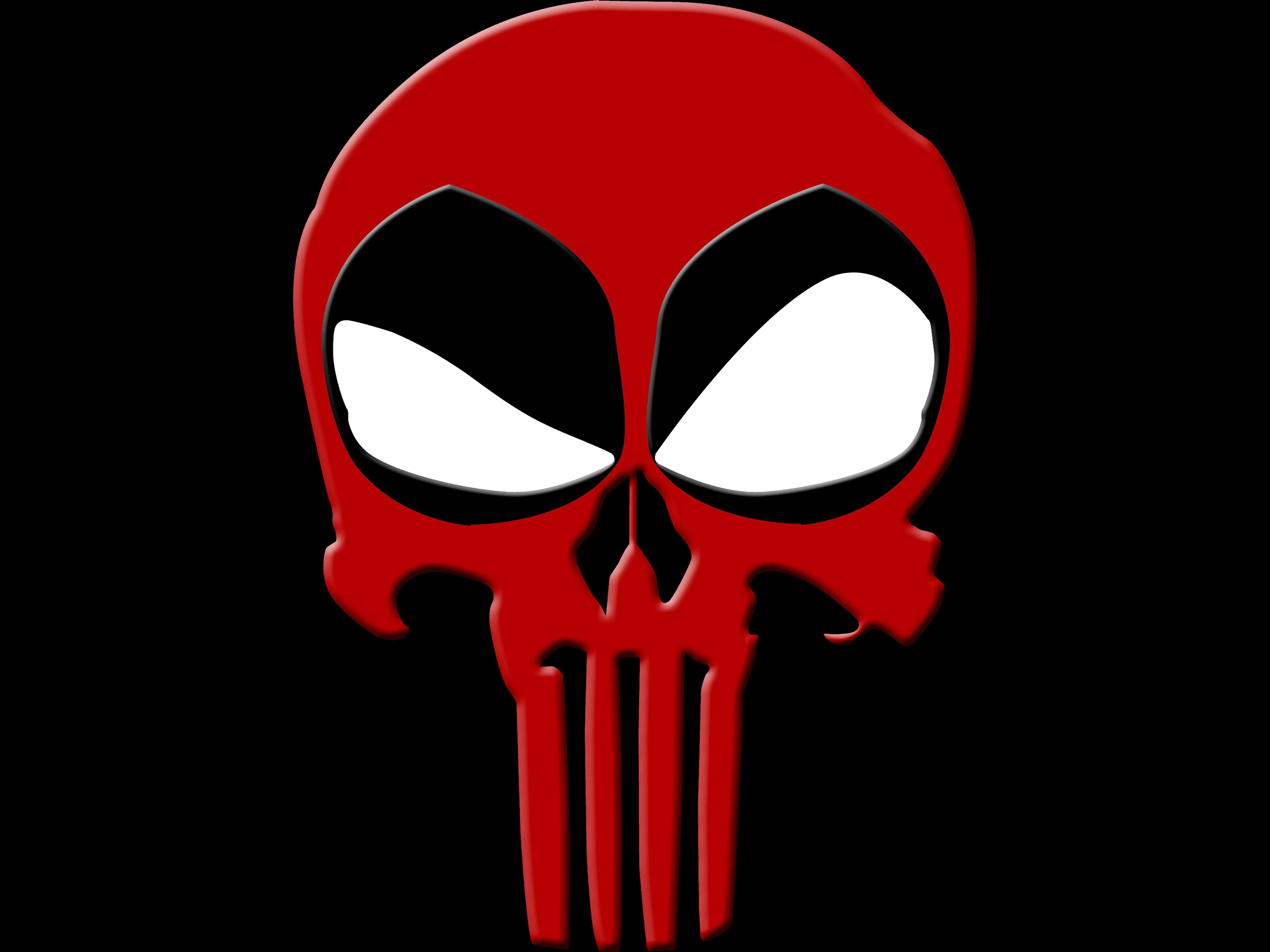 Deadpool Logo 桌布 壁紙 — 一個大膽的紅色骷髏頭，帶有白色眼睛和黑色輪廓，在純黑色背景上格外突出。