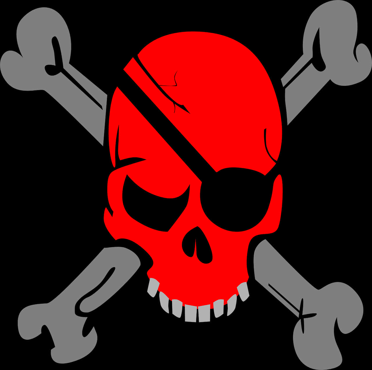 骷髏頭動圖 桌布 壁紙 — 一個大膽的紅色骷髏頭，帶有黑色眼罩和灰色交叉骨頭，背景為黑色。