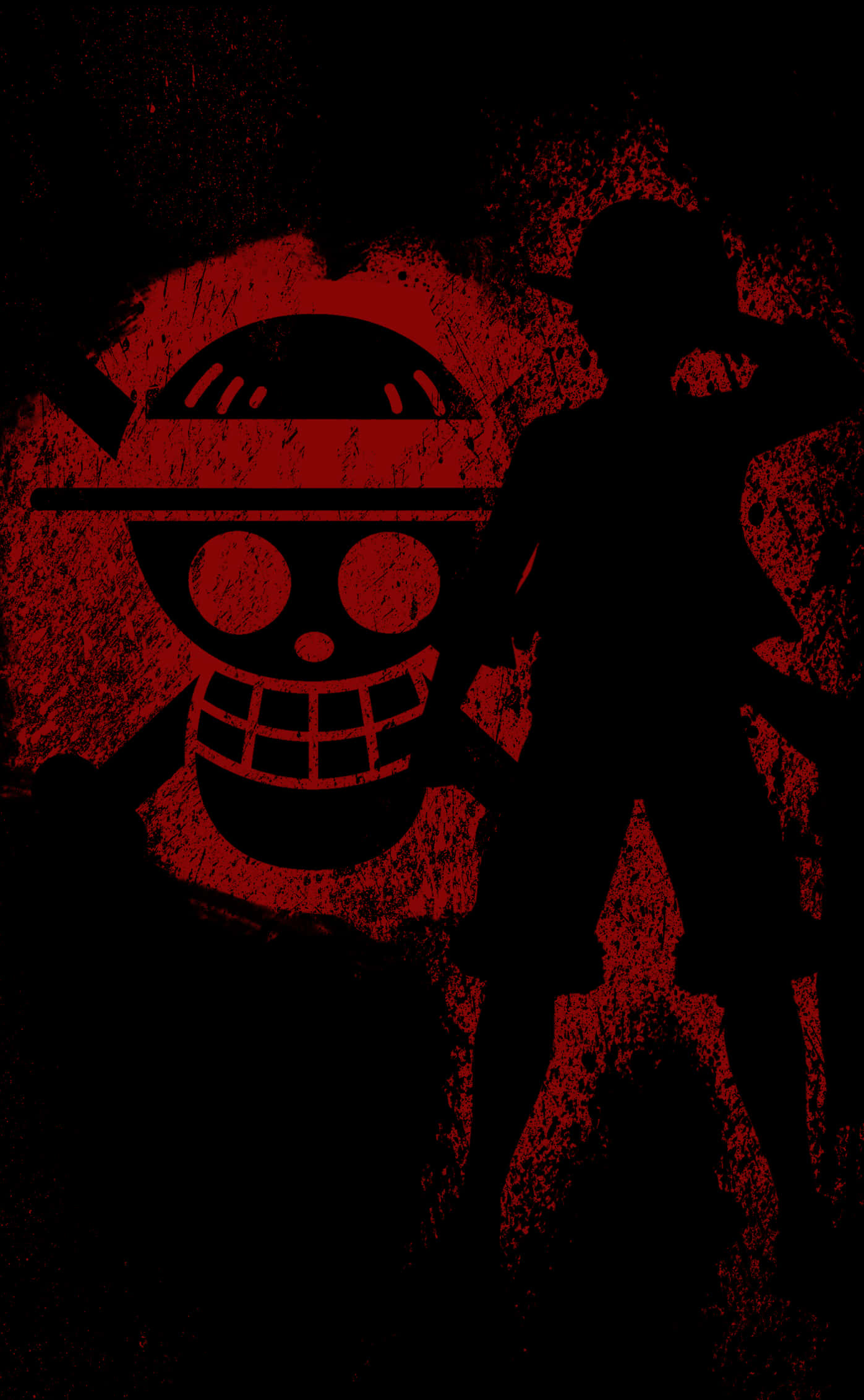 Luffy Aesthetic 桌布 壁紙 — 一個大膽的紅色骷髏頭和交叉骨標誌，配以剪影人物，立於粗糙的黑色背景上。