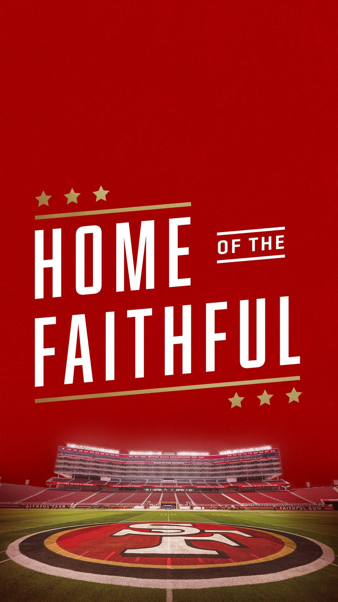 足球 桌布 壁紙 — 一個大膽的紅色體育場圖形，白色文字寫著「HOME OF THE FAITHFUL」，上方有足球場和球隊標誌。