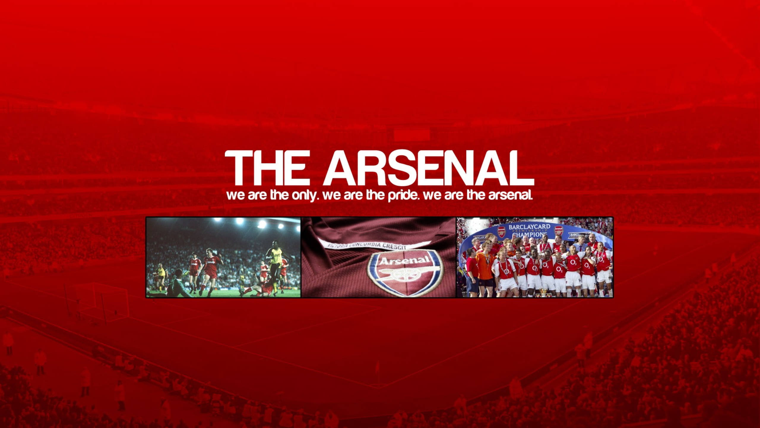兵工廠 桌布 壁紙 — 一個大膽的紅色體育場背景，上面有「THE ARSENAL」文字，下方有三張足球運動員慶祝和比賽的動作照片。