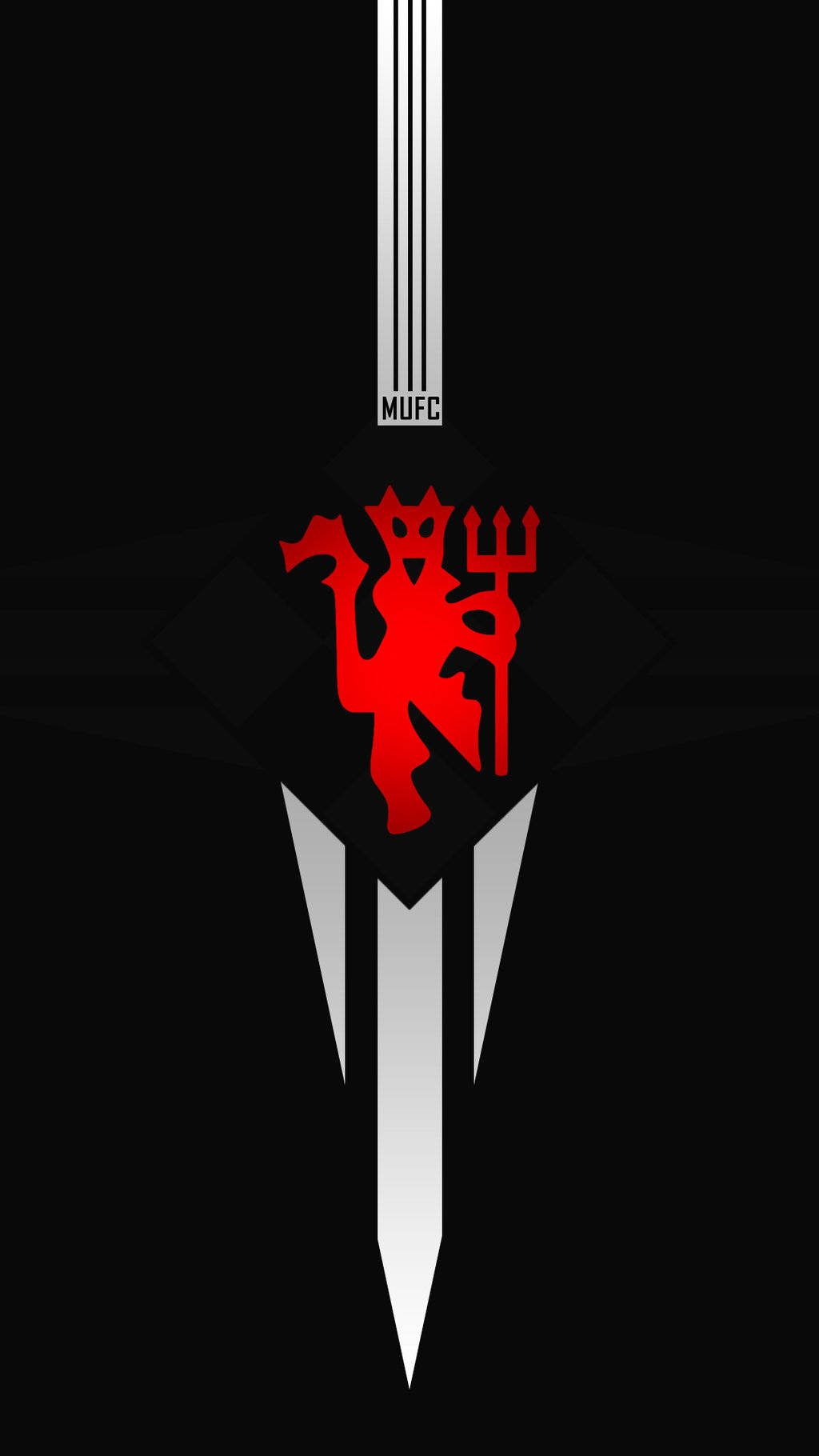 Manchester United Logo 桌布 壁紙 — 一個大膽的紅色魔鬼標誌，帶有銀色條紋和 'MUFC' 文字，居中在黑色背景上。