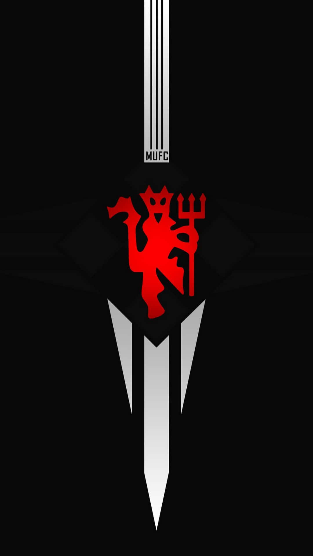 曼聯 桌布 壁紙 — 一個大膽的紅色魔鬼標誌，帶有銀色條紋和「MUFC」文字，居中在黑色背景上。