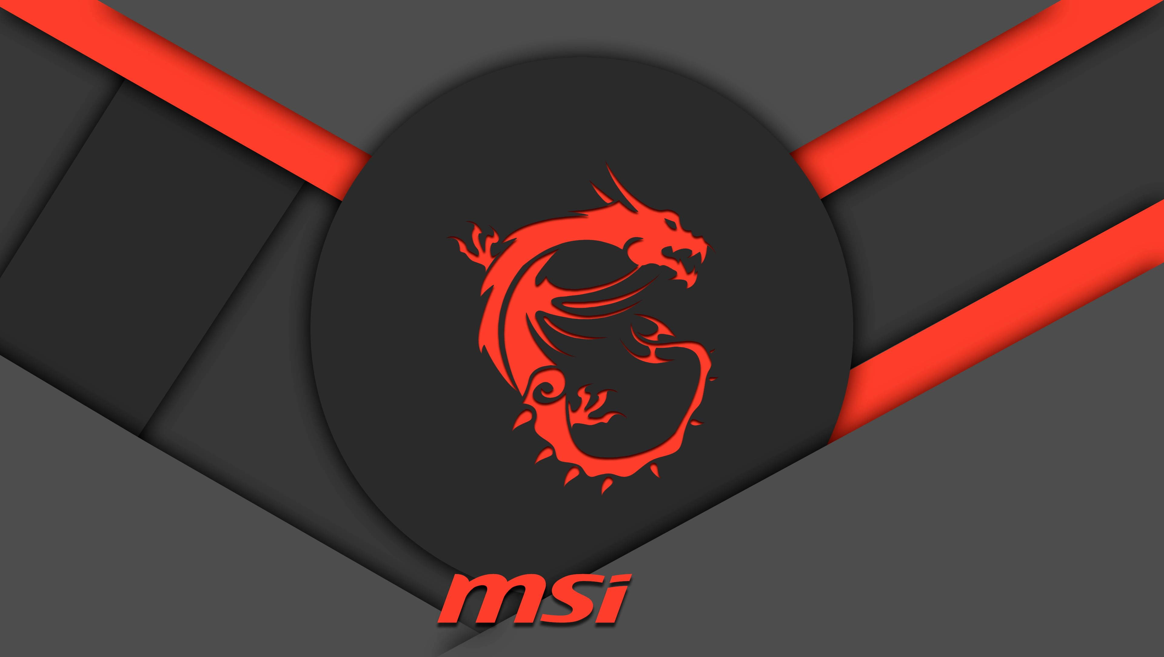 MSI 4K 桌布 壁紙 — 一個大膽的紅色龍標誌，居中在深灰色幾何背景上，帶有對角紅色條紋。