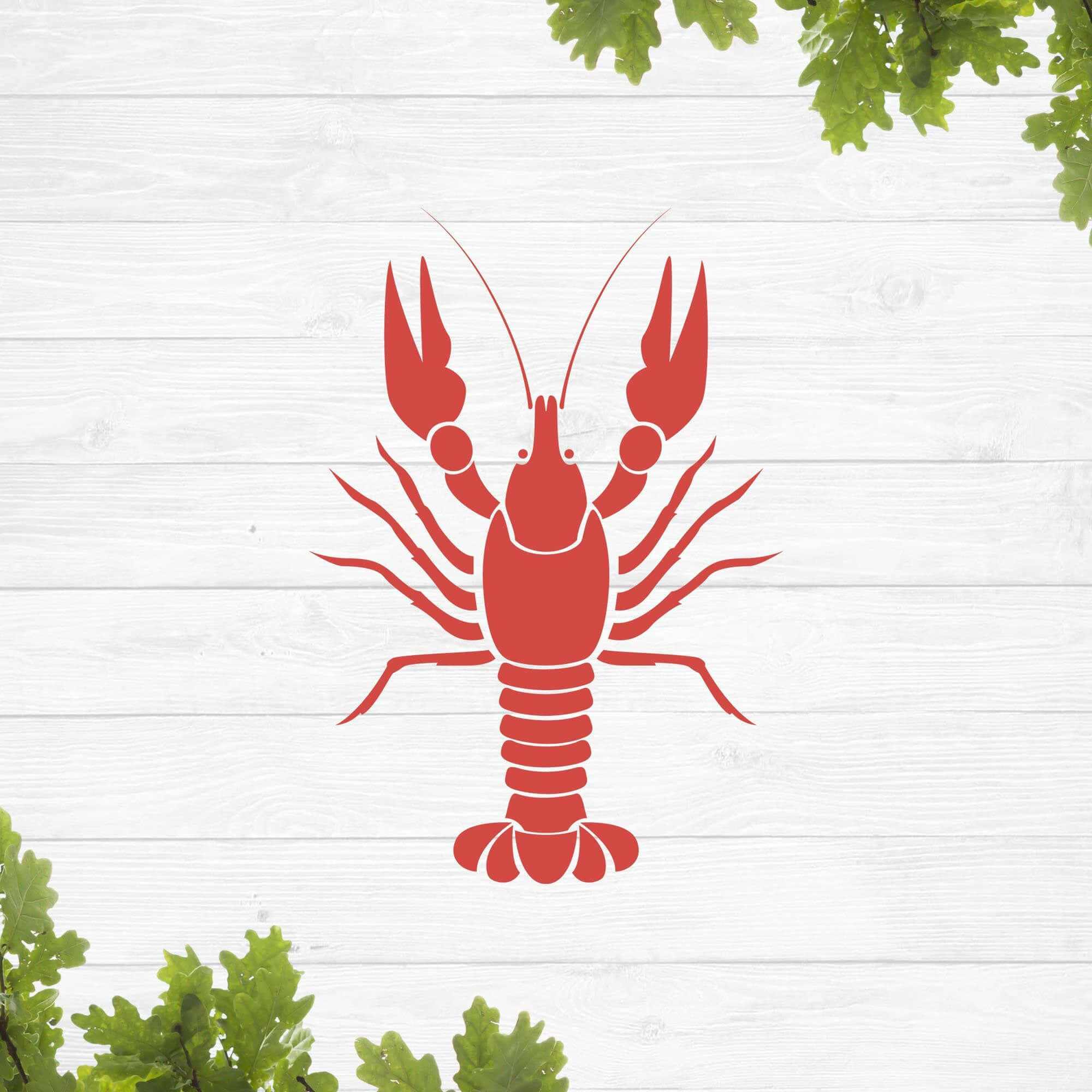 Crawfish 桌布 壁紙 — 一個大膽的紅色龍蝦剪影，置於白色風化木中央，綠色橡樹葉框住角落。