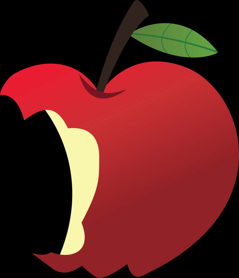 Clip Art 桌布 壁紙 — 一個大膽的紅蘋果，帶有大的咬痕和綠葉，背景為黑色。