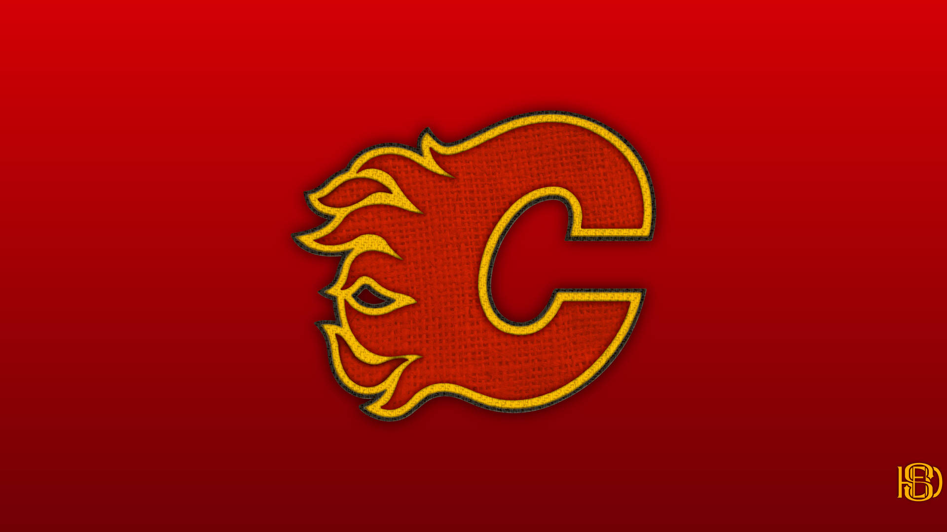 Flames 桌布 壁紙 — 一個大膽的紅金色卡加利火焰隊標誌，火焰設計居中在漸變紅色背景上。