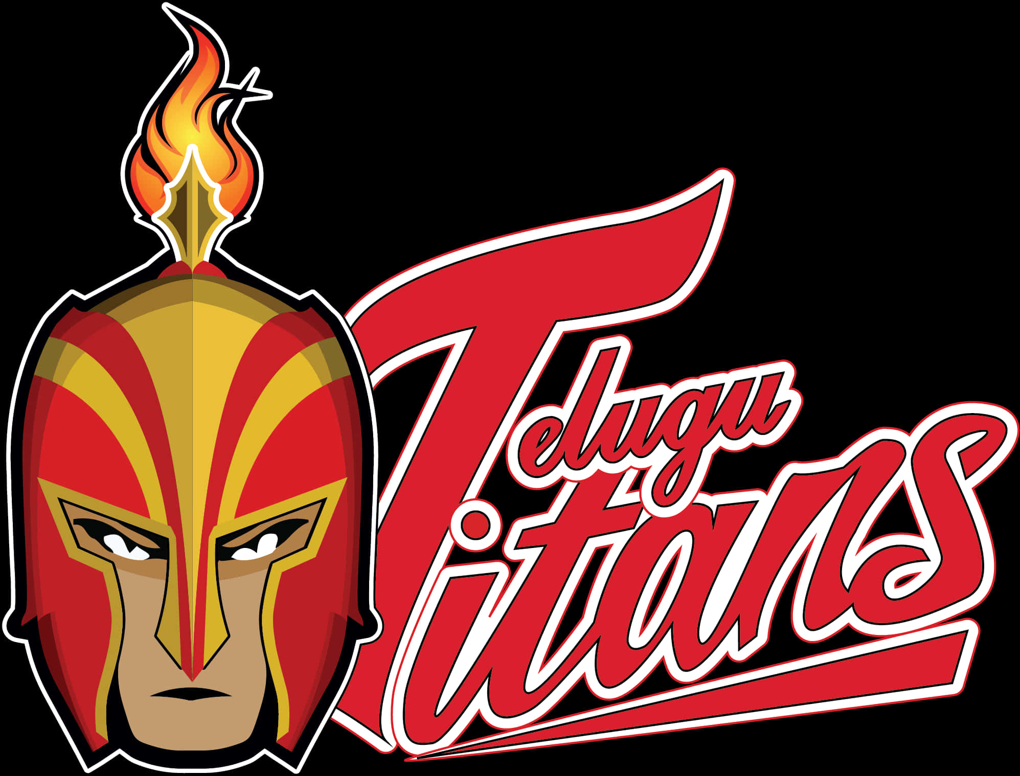Titans Logo 桌布 壁紙 — 一個大膽的紅金色斯巴達頭盔，帶有火焰冠飾，旁邊是風格化的紅色「Telugu Titans」文字。