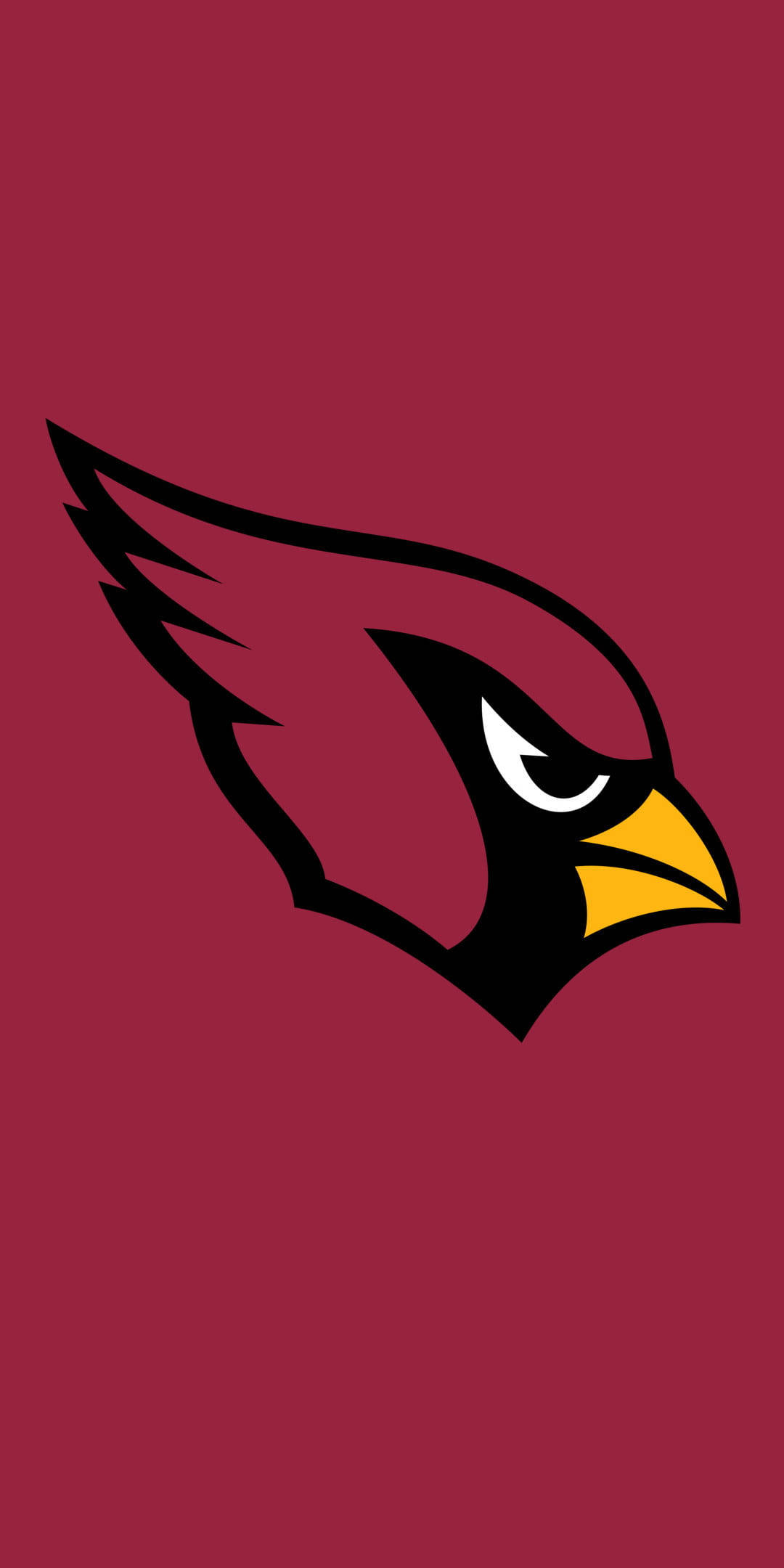 NFL Team Logo 桌布 壁紙 — 一個大膽的紅雀鳥標誌，帶有黑色輪廓、黃色喙和白色眼睛，背景為純栗色。
