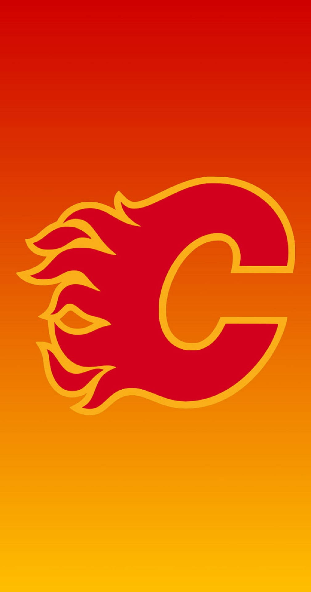 Flames 桌布 壁紙 — 一個大膽的紅黃色卡爾加里火焰隊標誌居中於從紅色過渡到橙色再到黃色的漸變背景上。