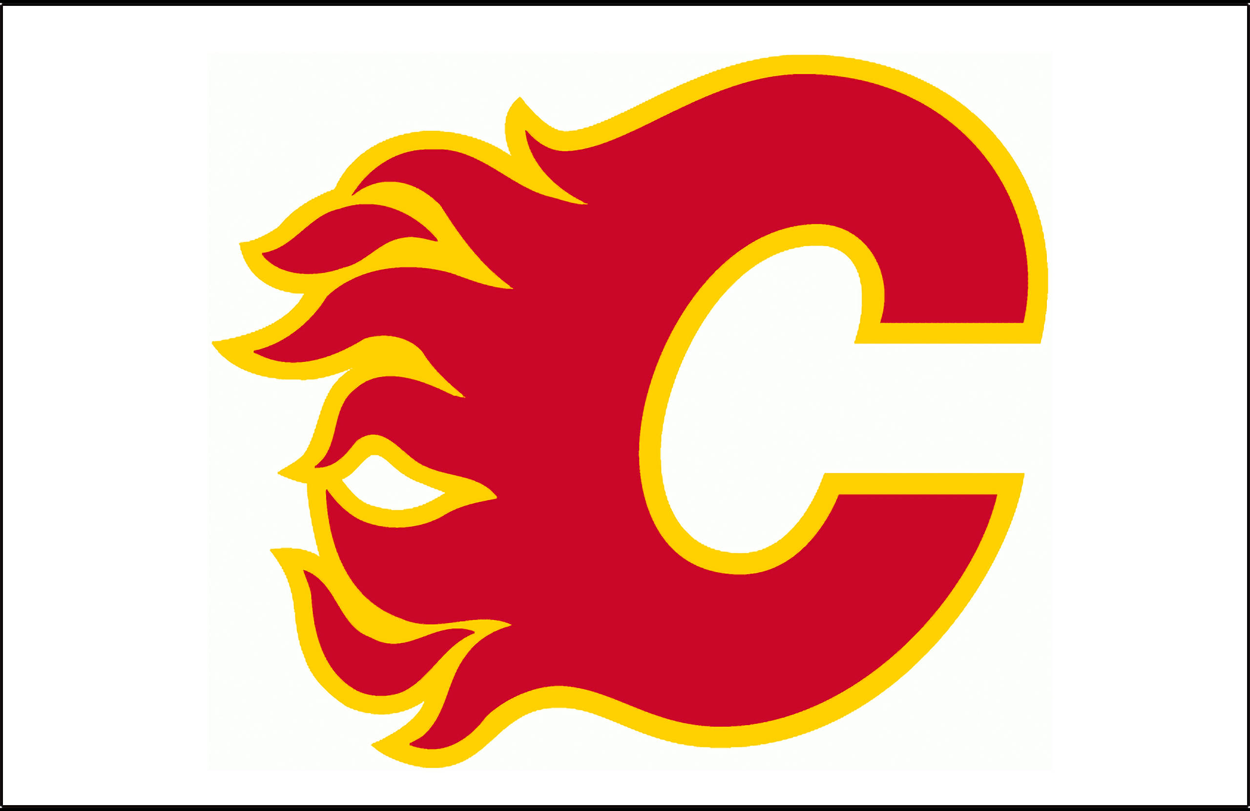 Flames 桌布 壁紙 — 一個大膽的紅黃色風格化火焰「C」標誌，邊緣呈火焰狀，背景為白色。