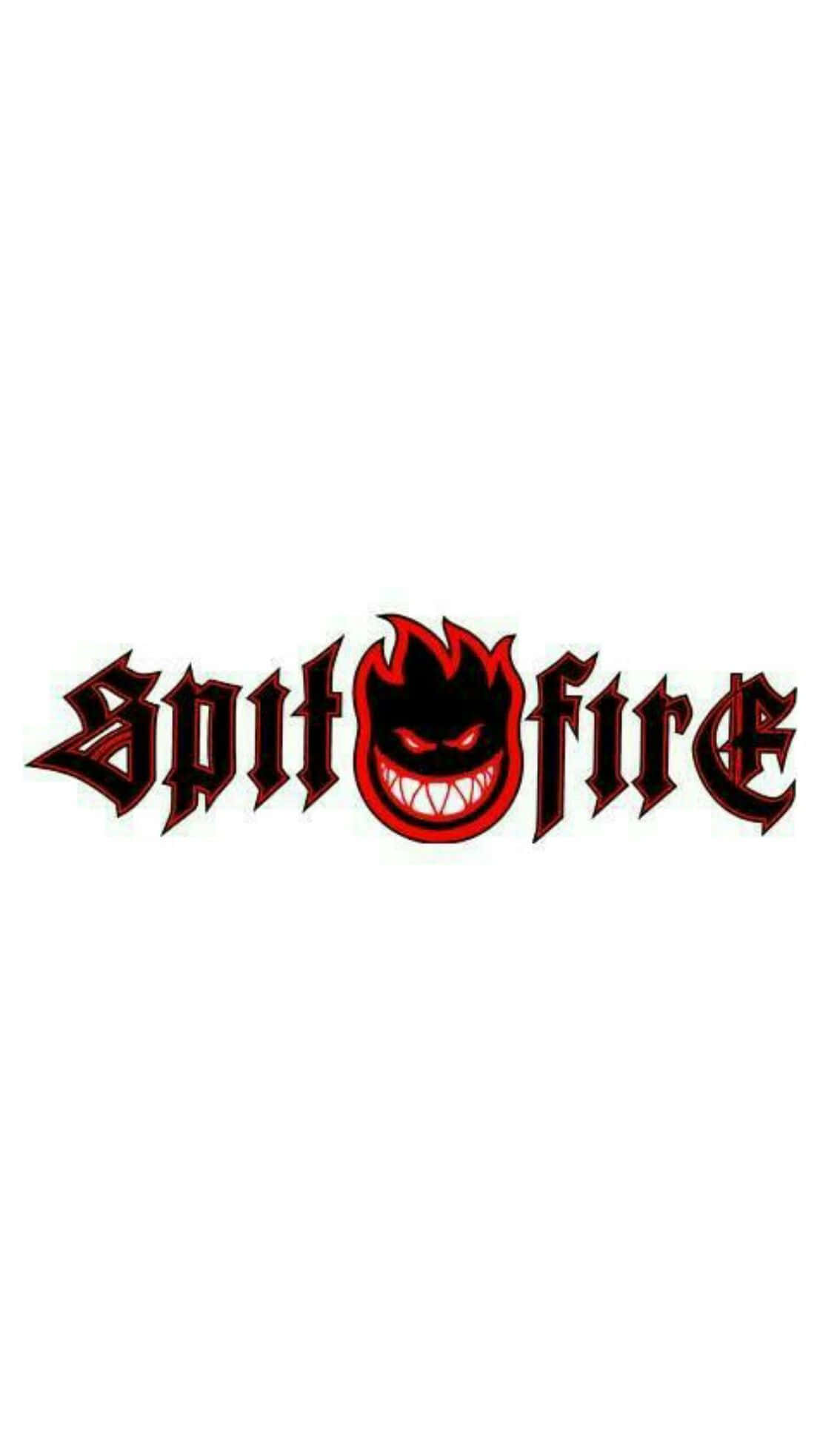 Logo Design 桌布 壁紙 — 一個大膽的紅黑 Spitfire 標誌，在純白背景上有一個帶尖牙的火焰骷髏頭。