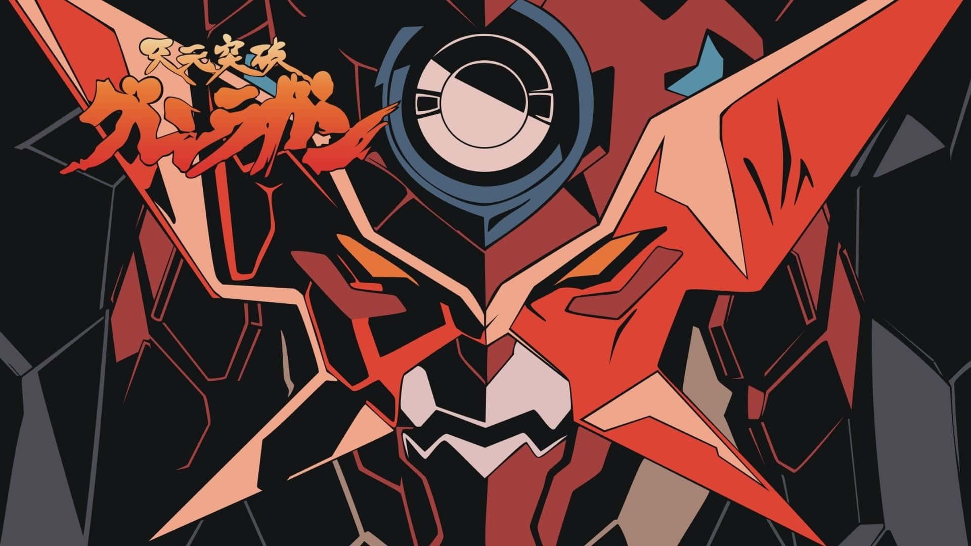 Gurren Lagann 桌布 壁紙 — 一個大膽的紅黑動漫機甲，具有銳利的棱角特徵和發光的眼睛，在黑暗的幾何背景前凝視著。
