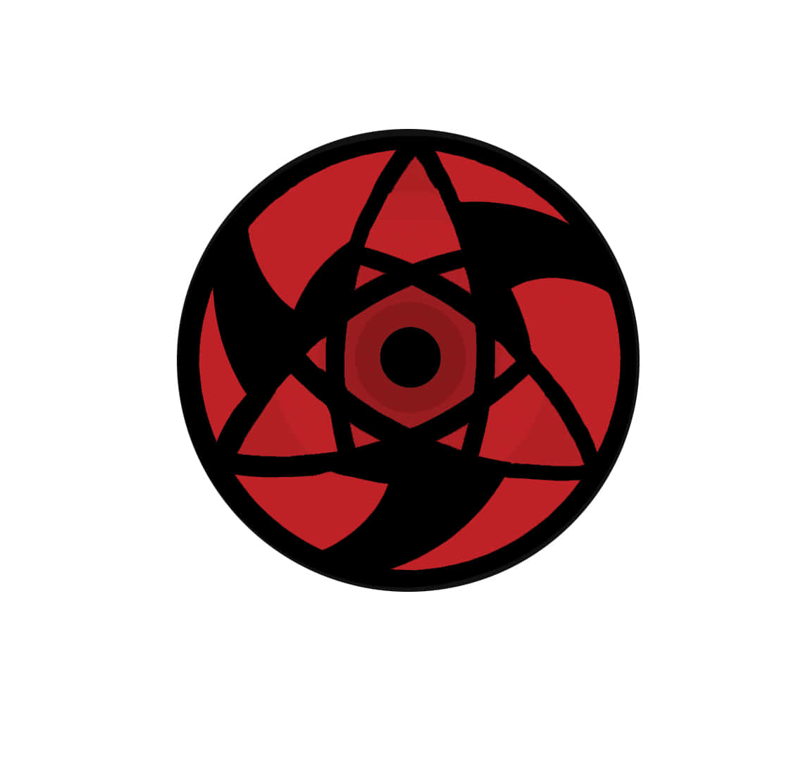 Mangekyou Sharingan 桌布 壁紙 — 一個大膽的紅黑圓形標誌，帶有相交的三角形和中央瞳孔，背景為純白色。