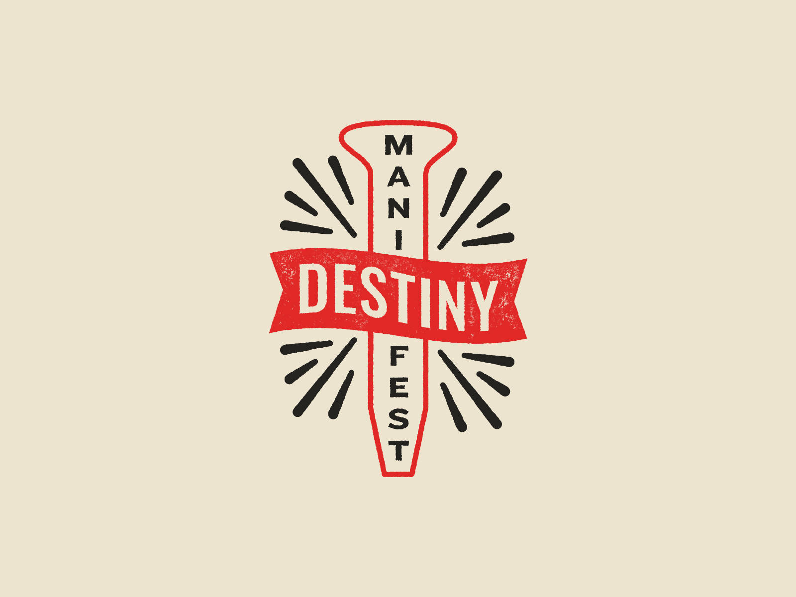 Mani Destiny Fest 標誌，在米色背景上帶有紅色橫幅和黑色射線。 — 顯現 GIF 壁紙